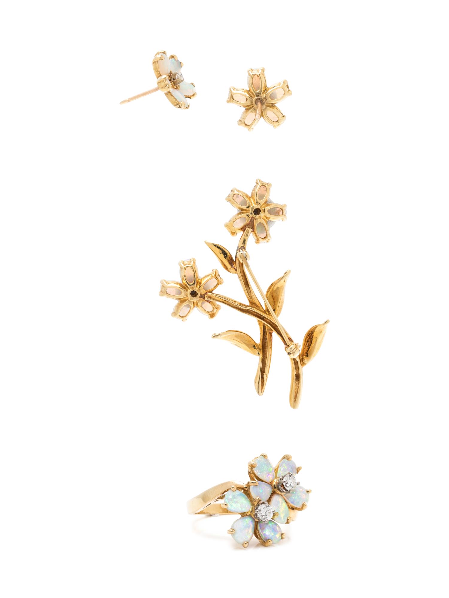 COLLECTION OF OPAL AND DIAMOND FLOWER JEWELRY