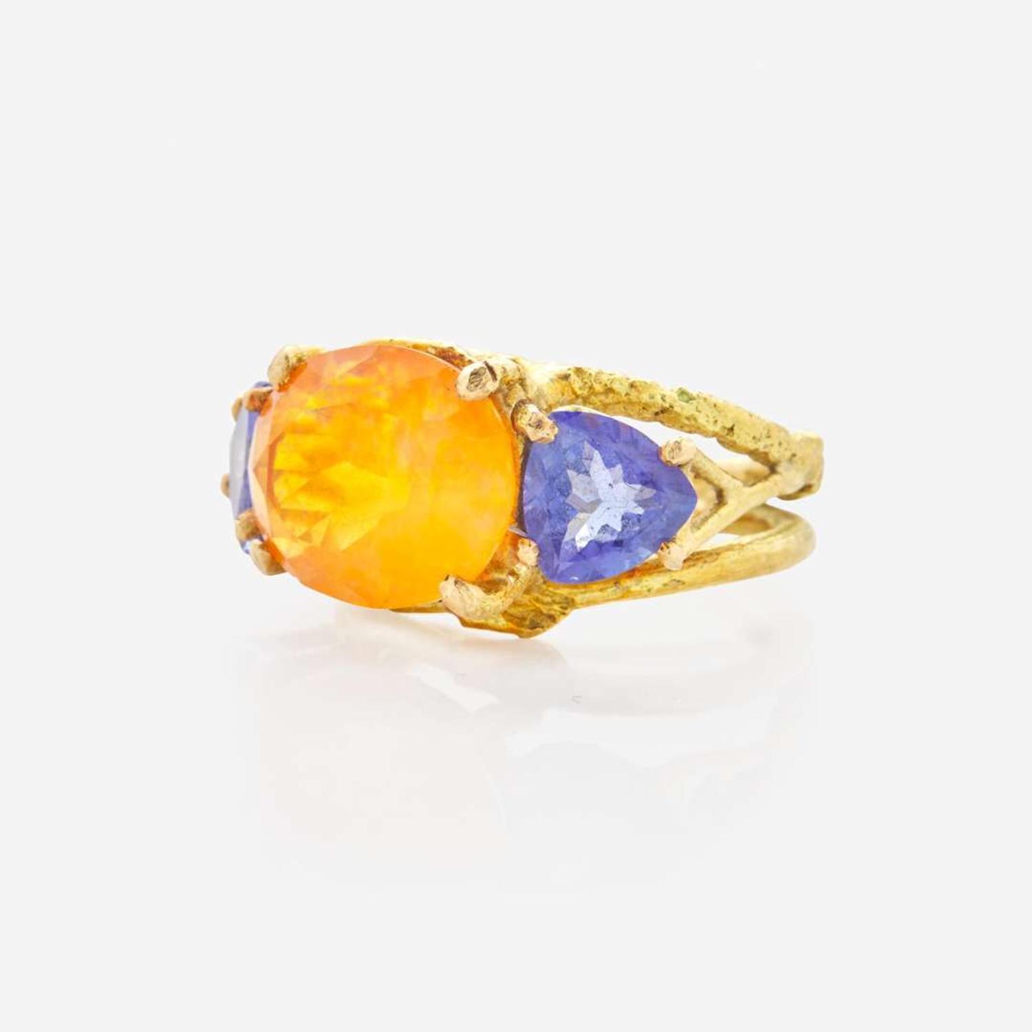 A 14K Fire Opal and Tanzanite Ring by Sam Shaw