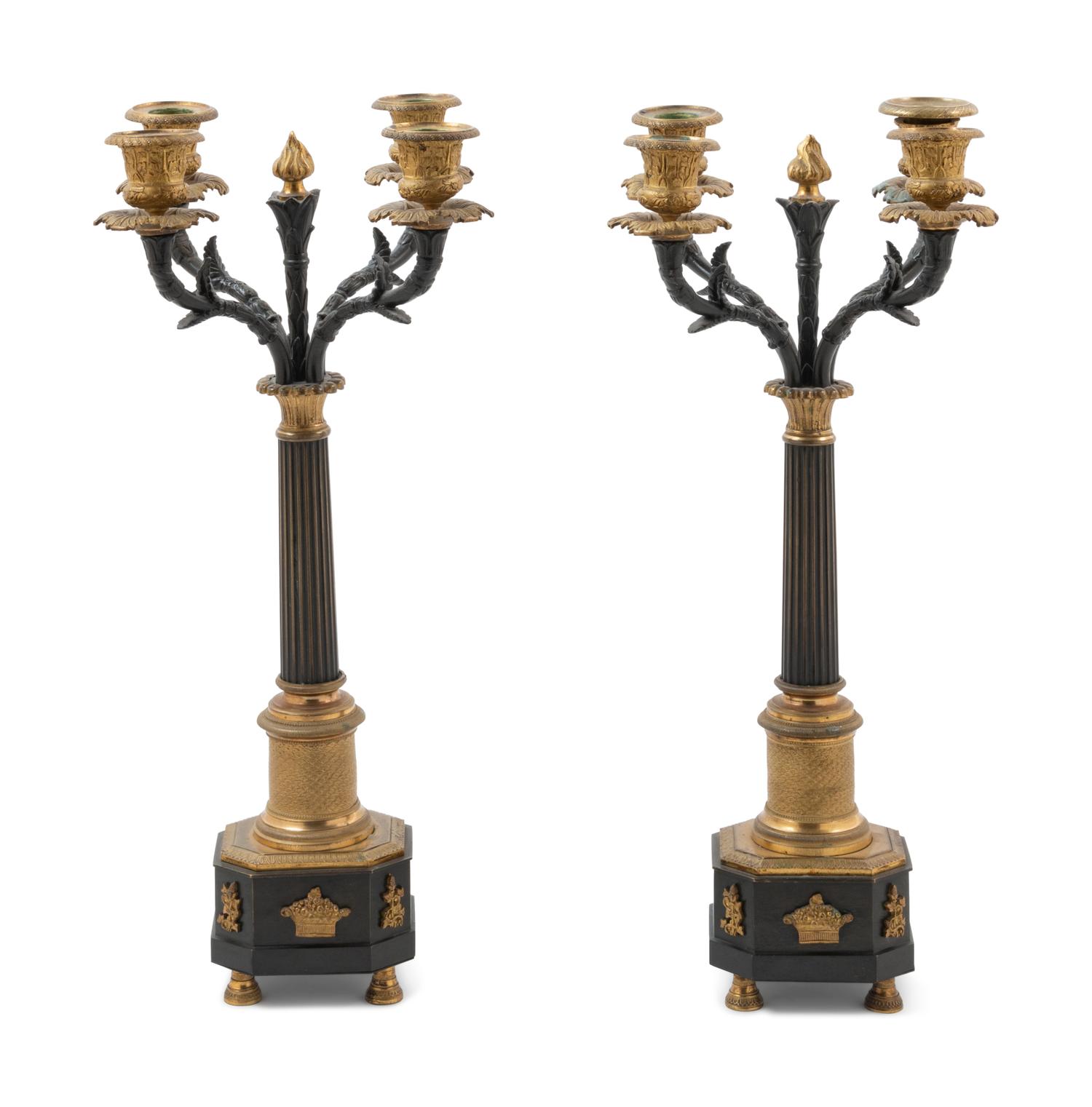 A Pair of Empire Gilt and Patinated Bronze Four-Light Candelabra