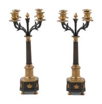 A Pair of Empire Gilt and Patinated Bronze Four-Light Candelabra