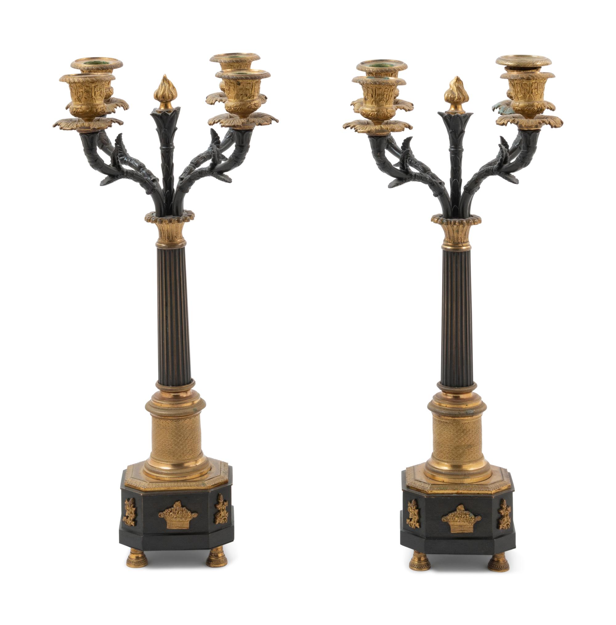 A Pair of Empire Gilt and Patinated Bronze Four-Light Candelabra