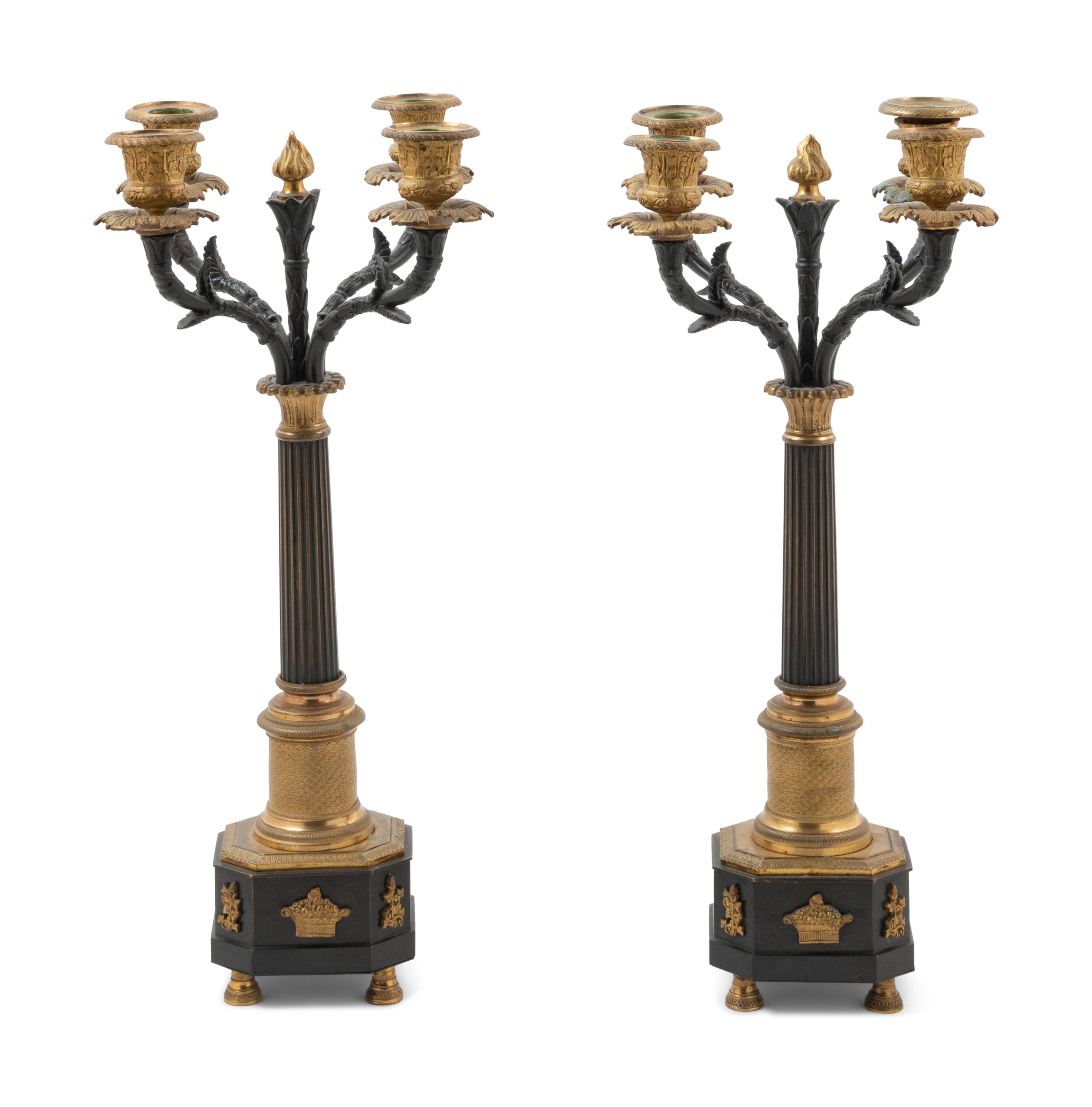 A Pair of Empire Gilt and Patinated Bronze Four-Light Candelabra