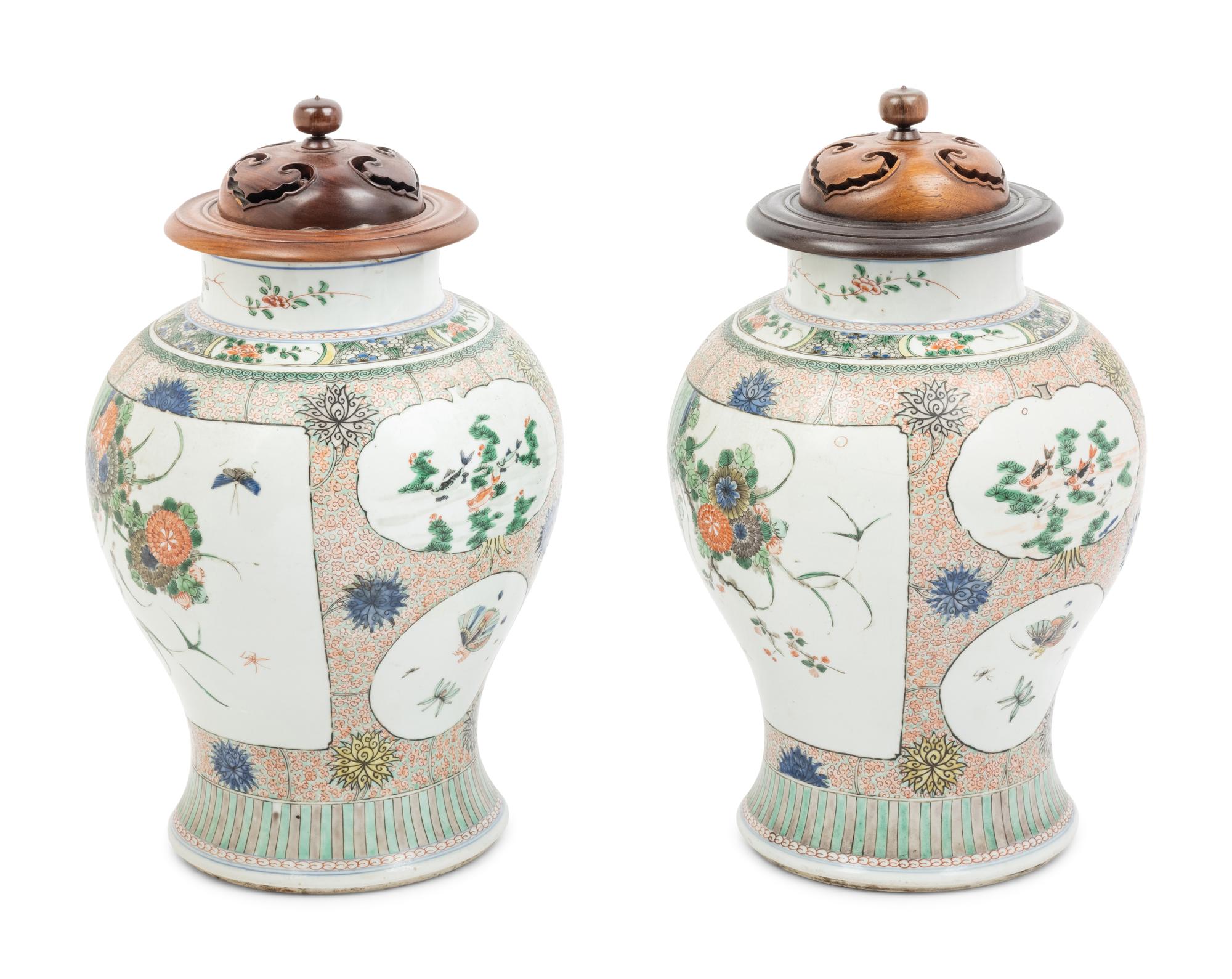 A Pair of Famille Verte Porcelain Baluster Jars