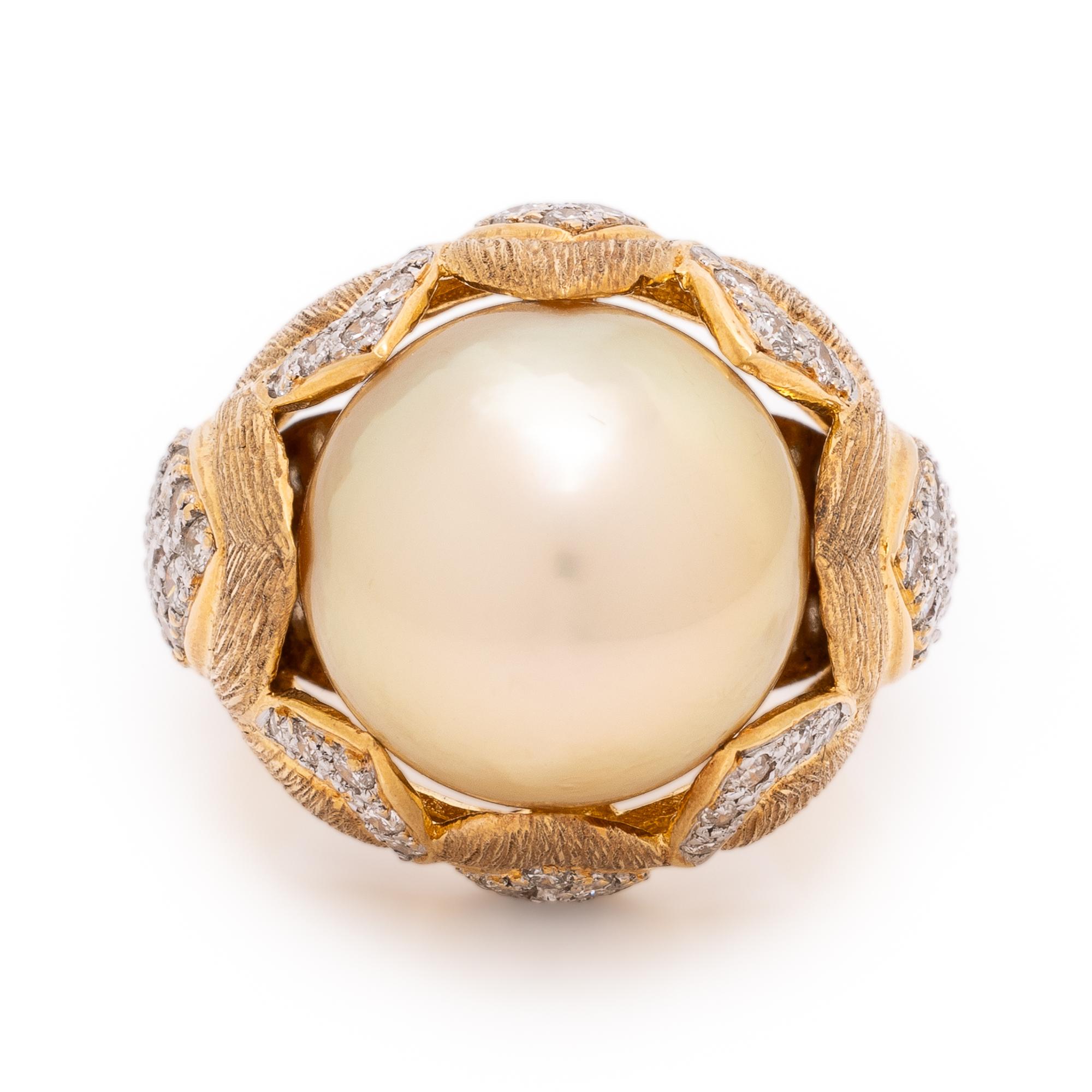 Golden Cultured Pearl, Diamond, and Yellow Gold Ring