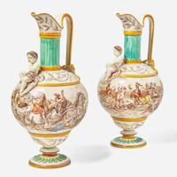 A Pair of Emile Lessore Decorated Wedgwood Queensware Ewers UK, 1860s