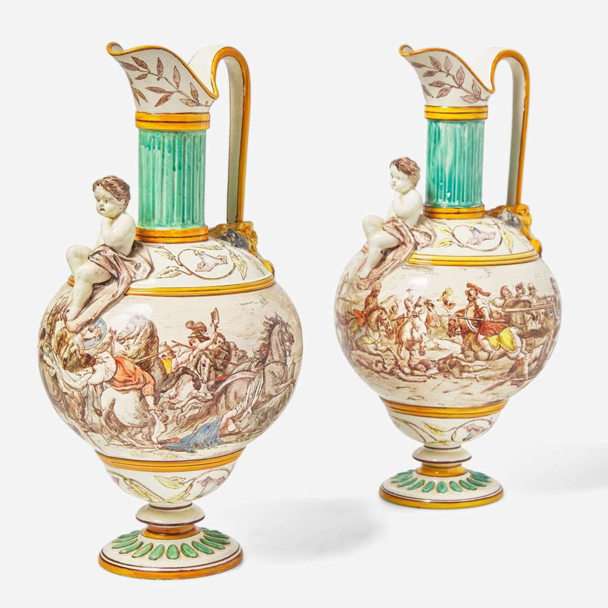 A Pair of Emile Lessore Decorated Wedgwood Queensware Ewers UK, 1860s