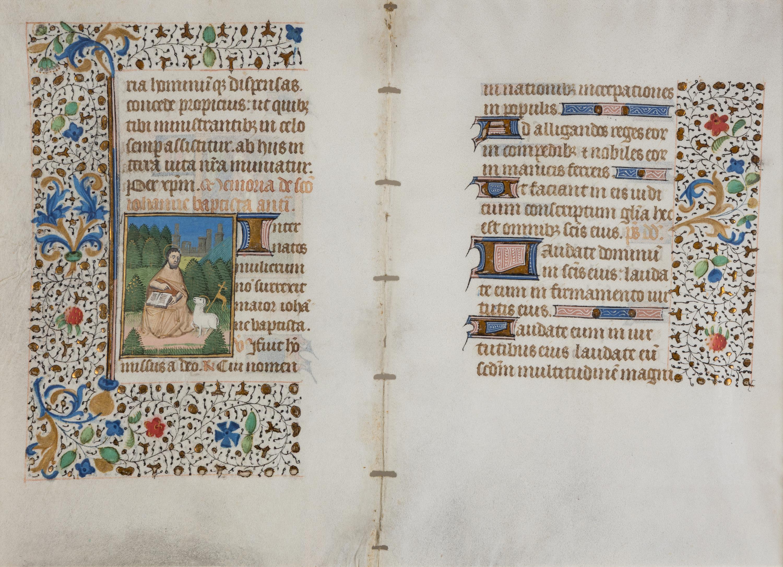 CIRCLE OF MAÎTRE FRANÇOIS (FRANCOIS BARBIER) (active Paris, c. 1460-80) Bifolium from a Book of Hours, with miniatures of Saint Michael and Saint John the Baptist, in Latin, illuminated manuscript on vellum [Paris, c. 1460–70]