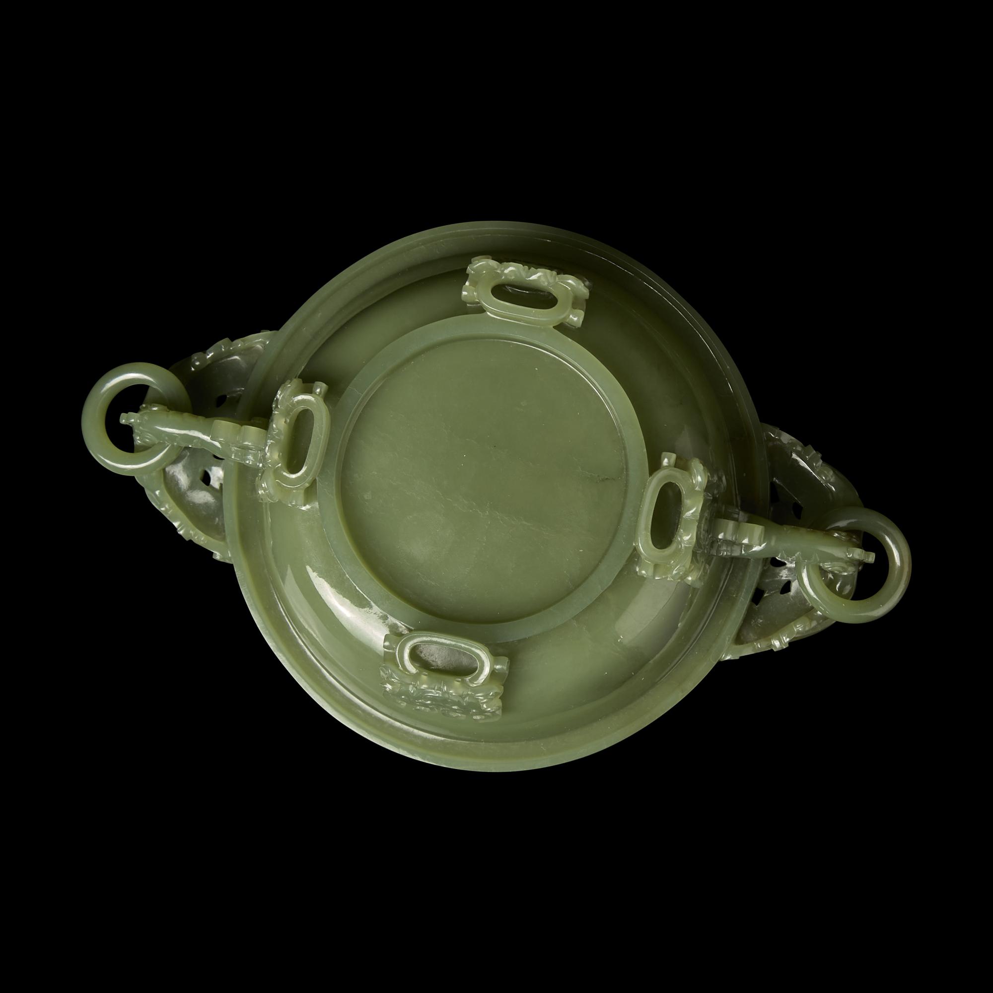 A Chinese Reticulated Celadon Jade Covered Incense Burner 碧玉透雕雙龍耳活環三足香爐