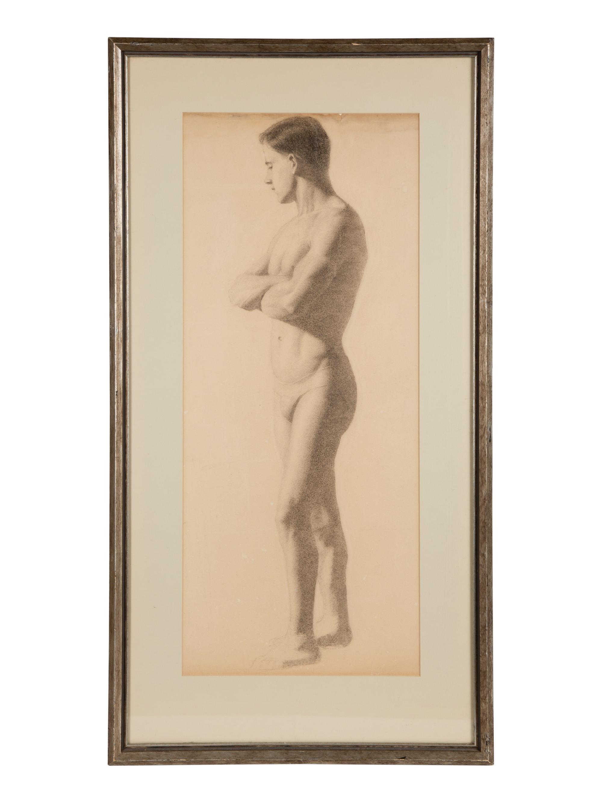 A Pair of French Charcoal Male Figure Studies — 20TH CENTURY