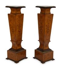 A Pair of Continental Marquetry Marble-Top Pedestals