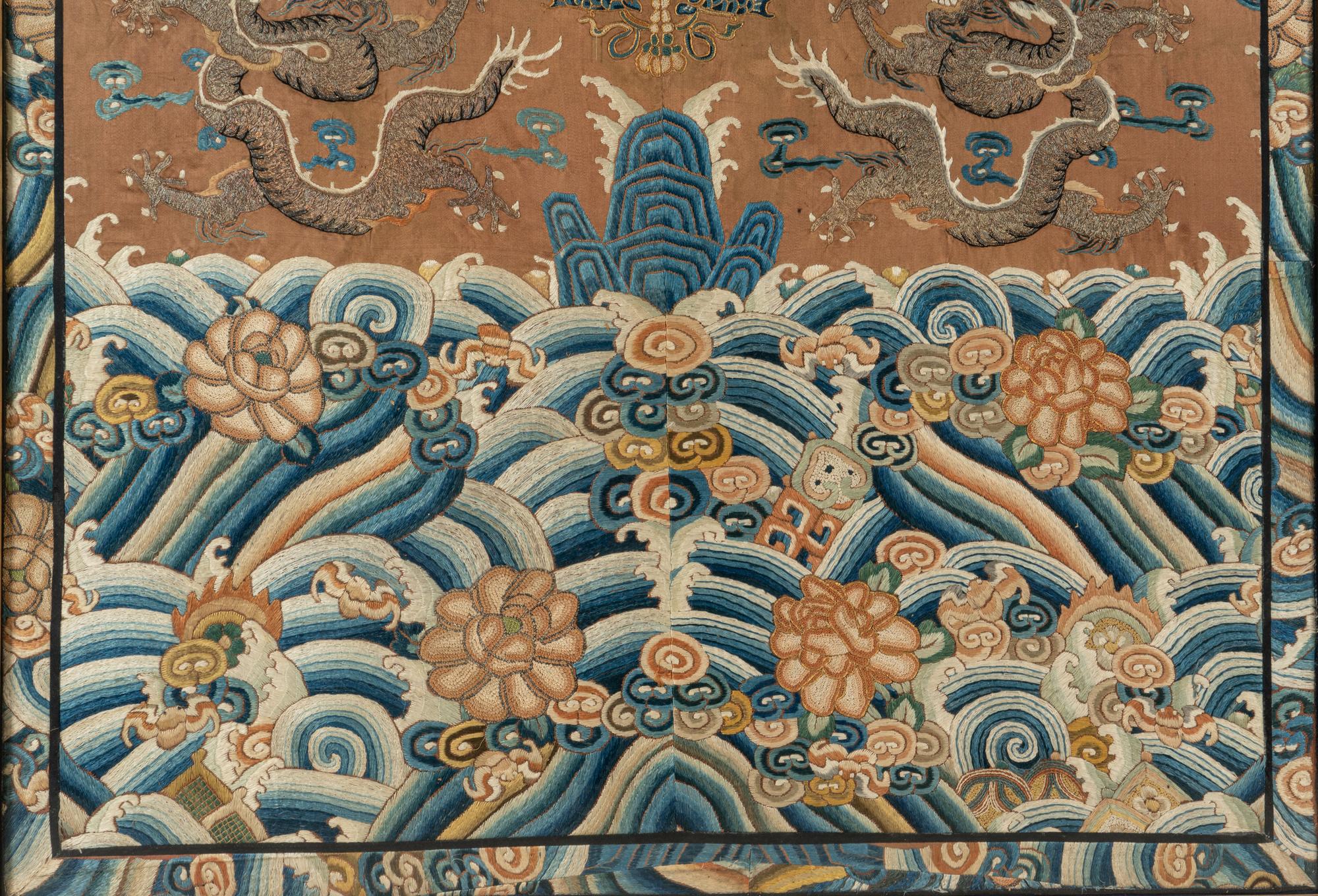 A Large Ochre Ground Embroidered Silk 'Dragon' Panel