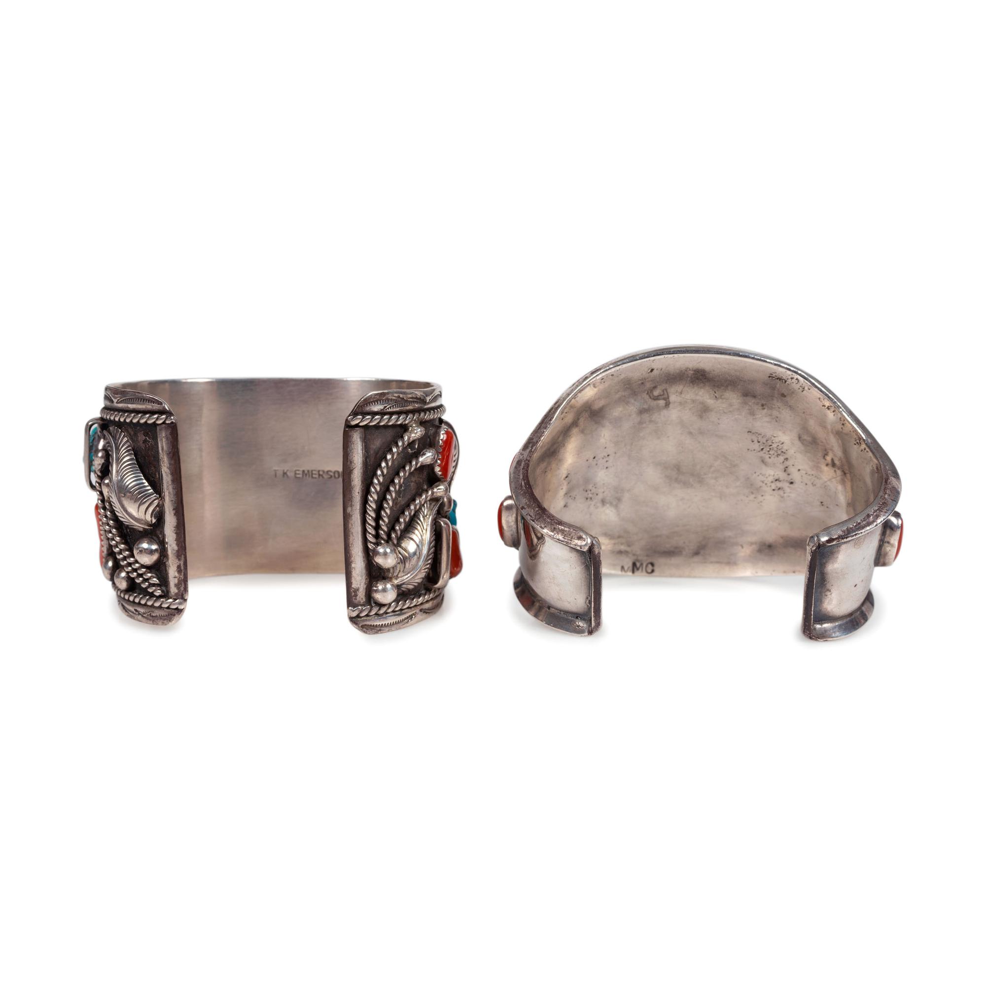 Pair of Navajo Silver, Turquoise, and Coral Cuff Bracelets