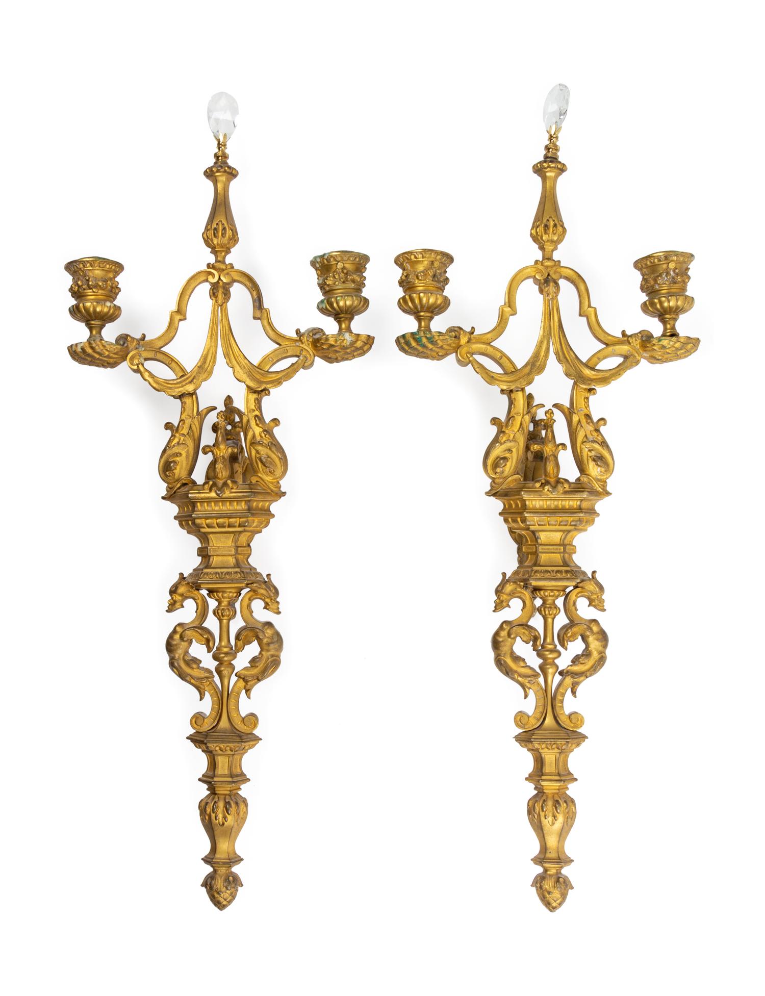 A Pair of Neoclassical Gilt Bronze Two-Light Sconces