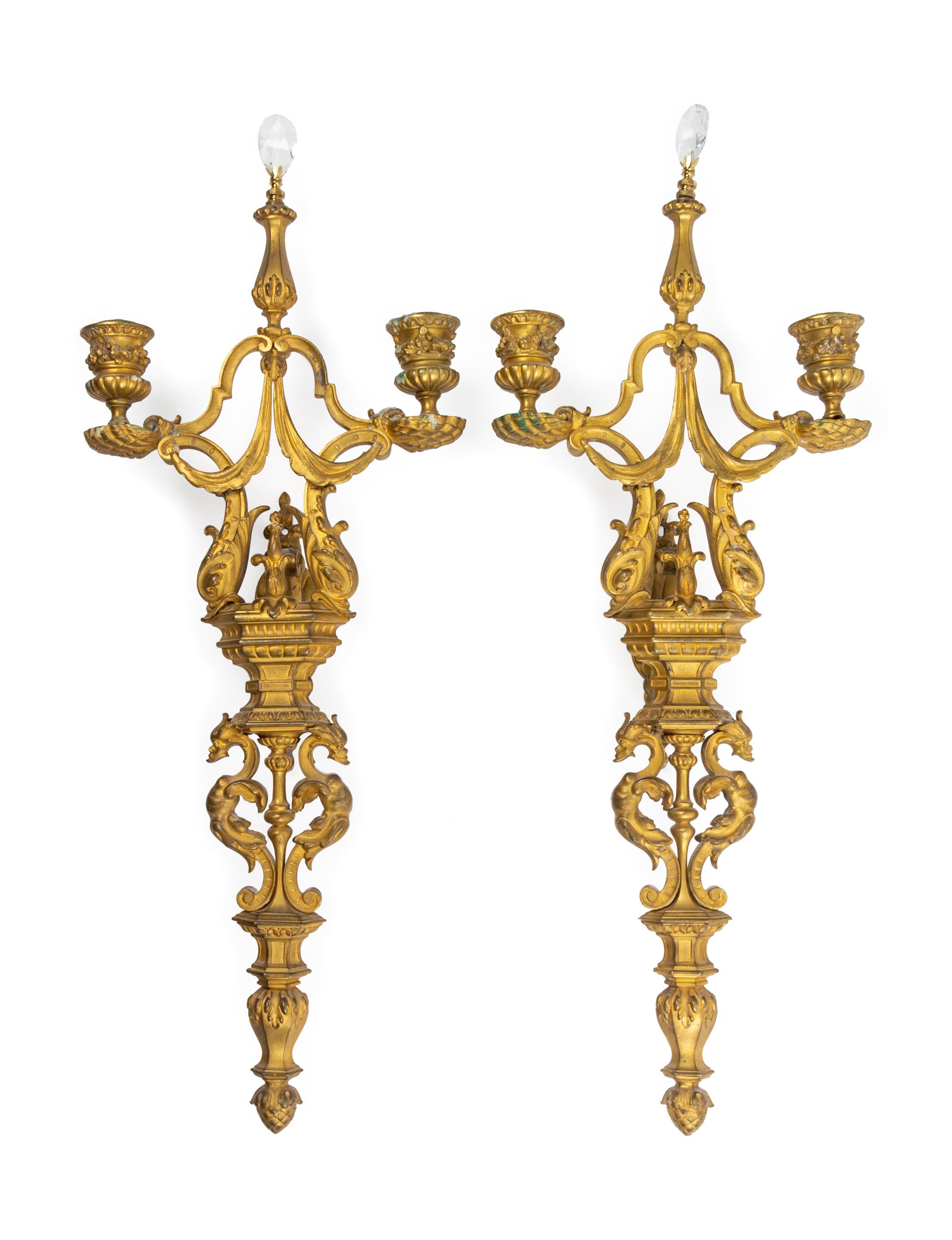 A Pair of Neoclassical Gilt Bronze Two-Light Sconces