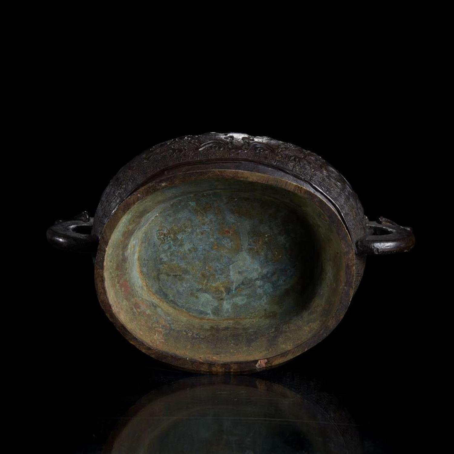 A Chinese patinated bronze vessel with wood cover and jade finial 铜香炉及嵌玉木盖 The bronze 17th/18th century or earlier ?????????????