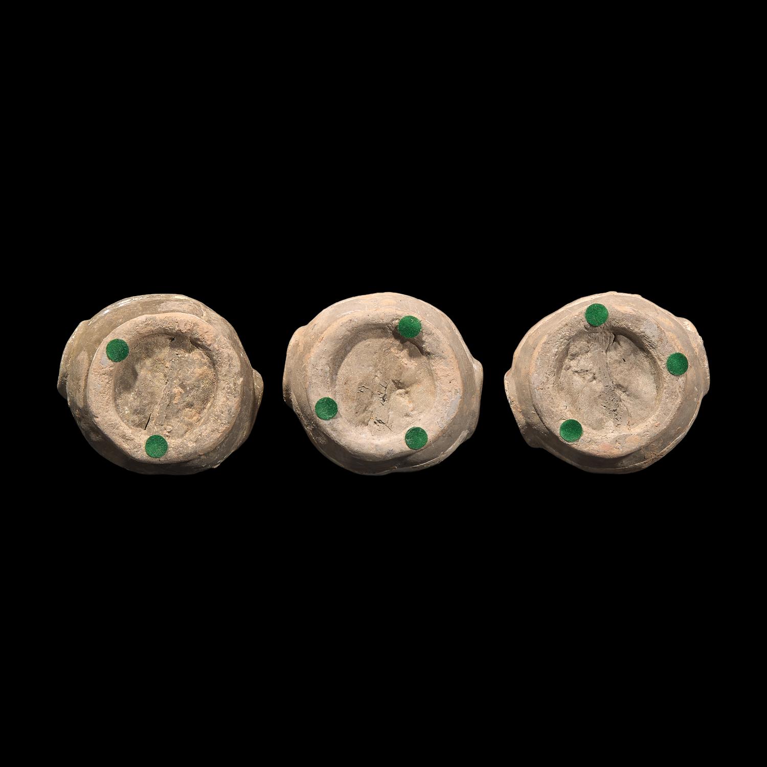 Three Chinese Painted Grey Pottery Pear-Shaped Covered Hu Vessels, Han Dynasty 漢 彩陶蓋壺三件