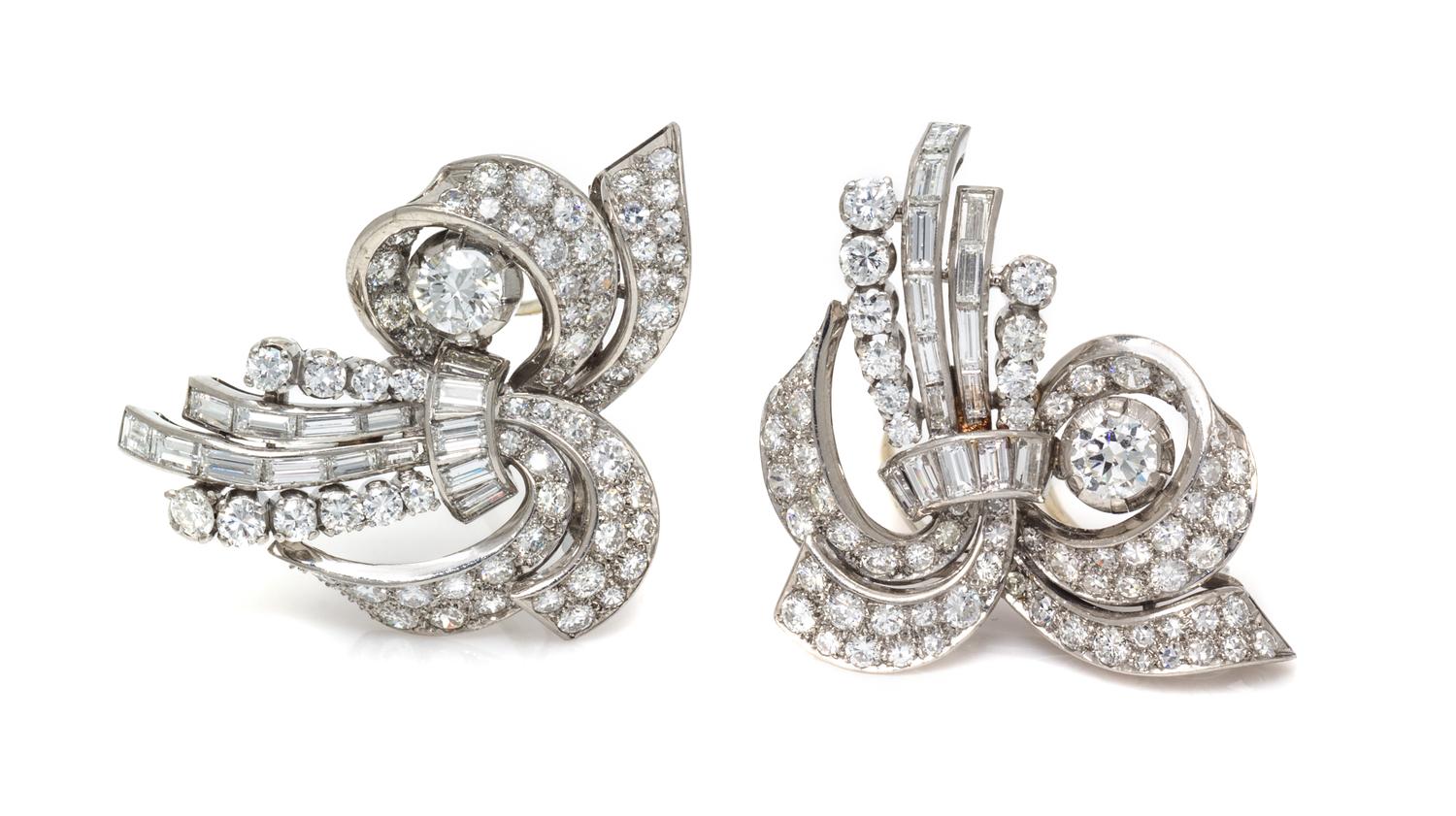 A Pair of Platinum and Diamond Dress Clips, Circa 1950, 32.10 dwts.