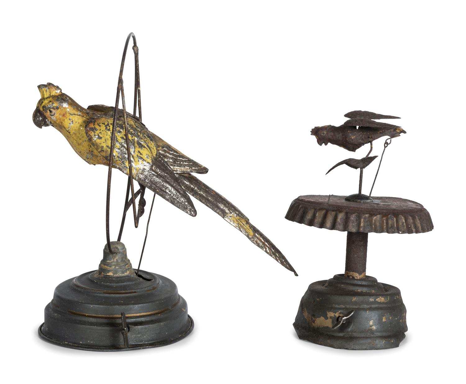 Two German Painted Tin Windup Bird Toys