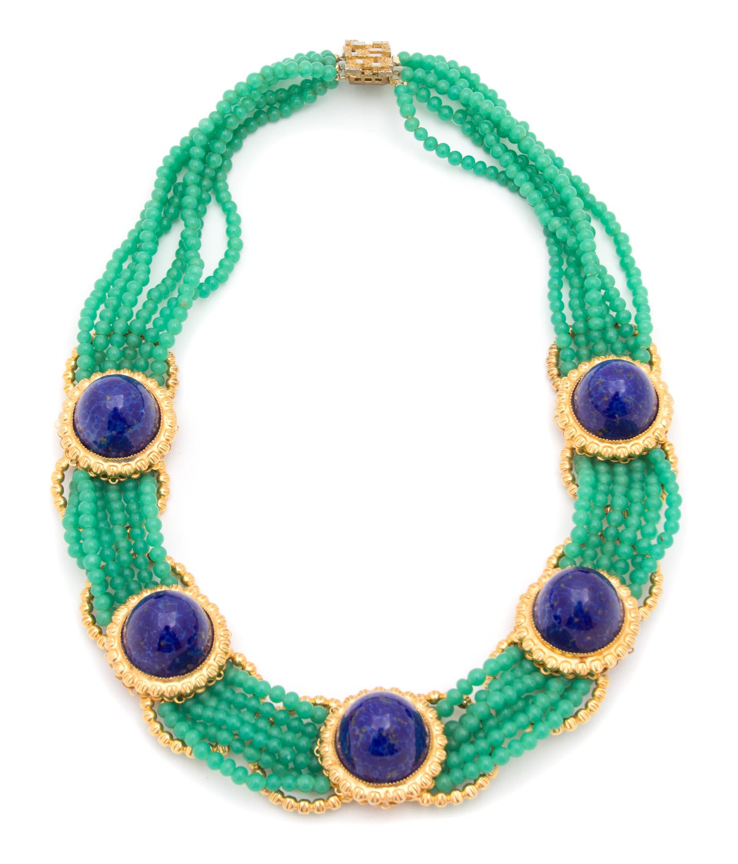 A William de Lillo Jade Cameo Glass and Lapis Lazuli Collar Necklace, 18" x 1.5".