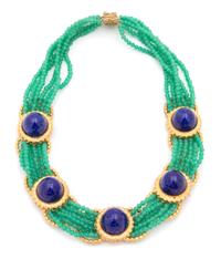 A William de Lillo Jade Cameo Glass and Lapis Lazuli Collar Necklace, 18" x 1.5".