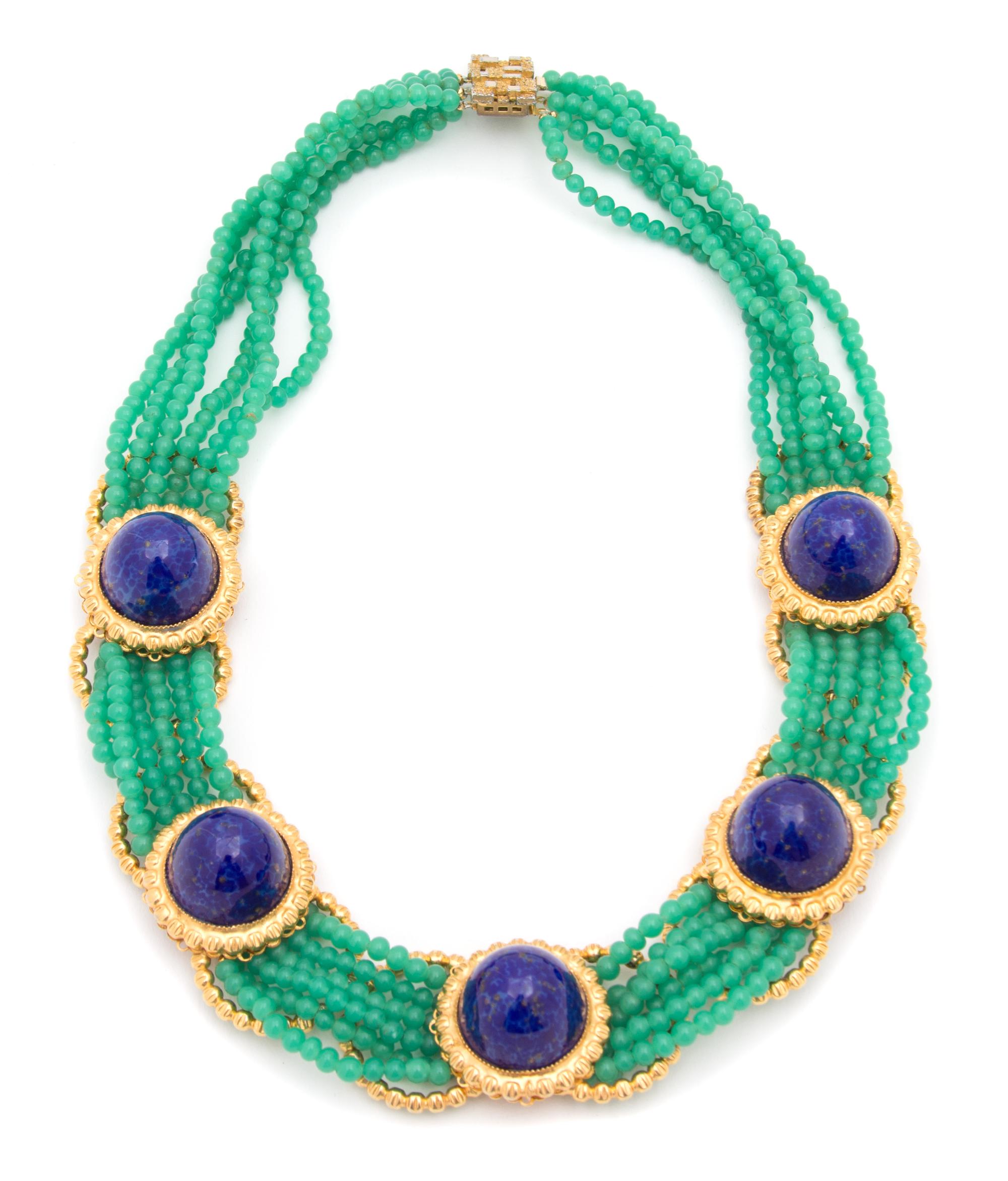 A William de Lillo Jade Cameo Glass and Lapis Lazuli Collar Necklace, 18" x 1.5".