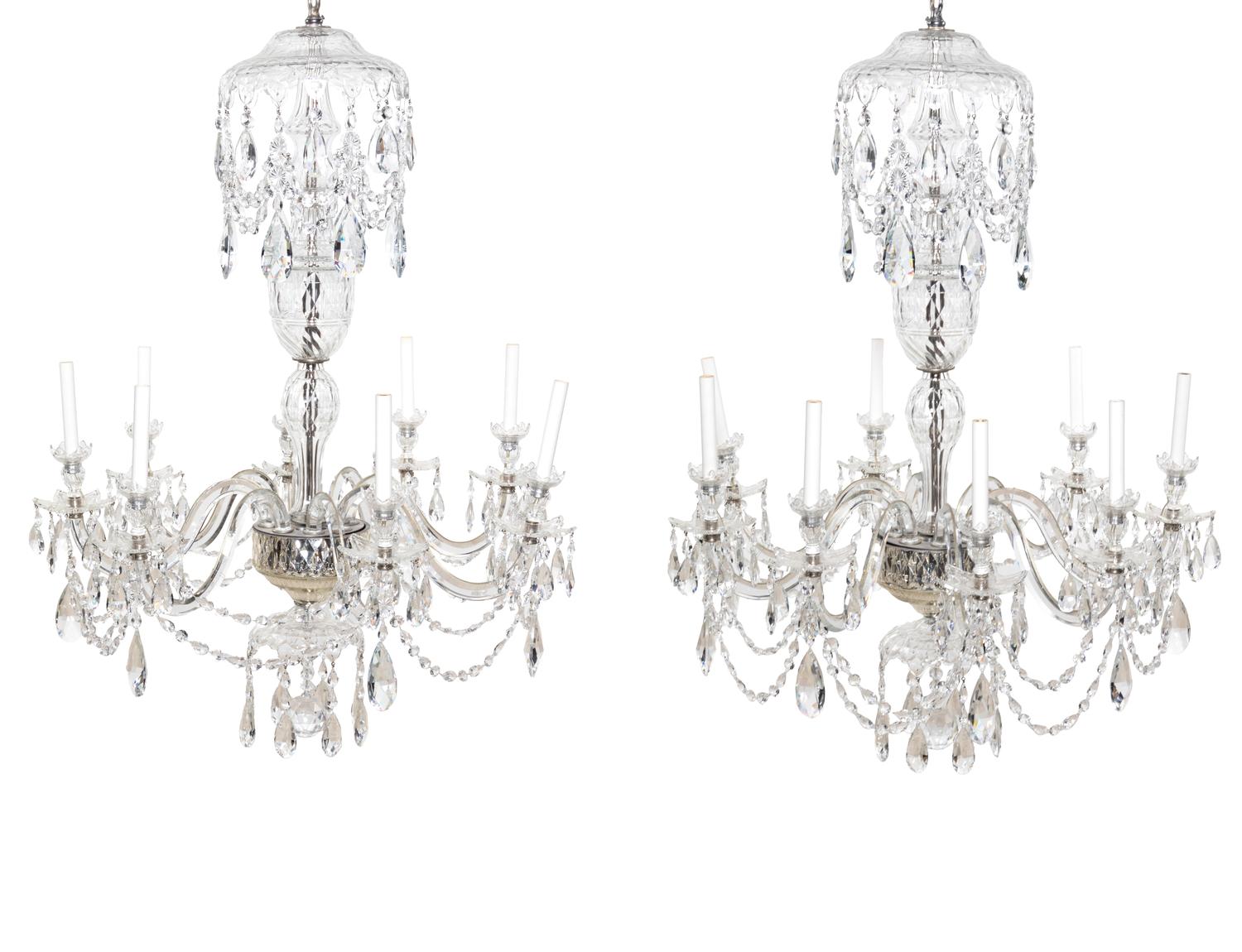 A Pair of George III Style Cut Glass Eight-Light Chandeliers