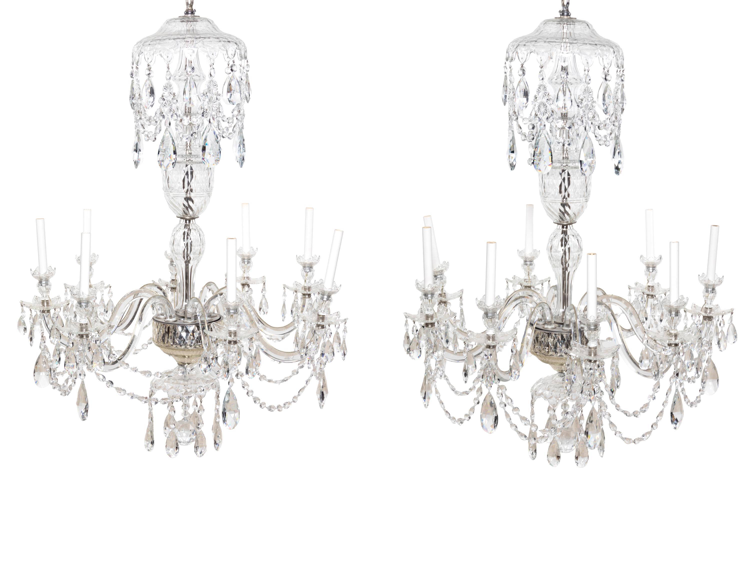 A Pair of George III Style Cut Glass Eight-Light Chandeliers
