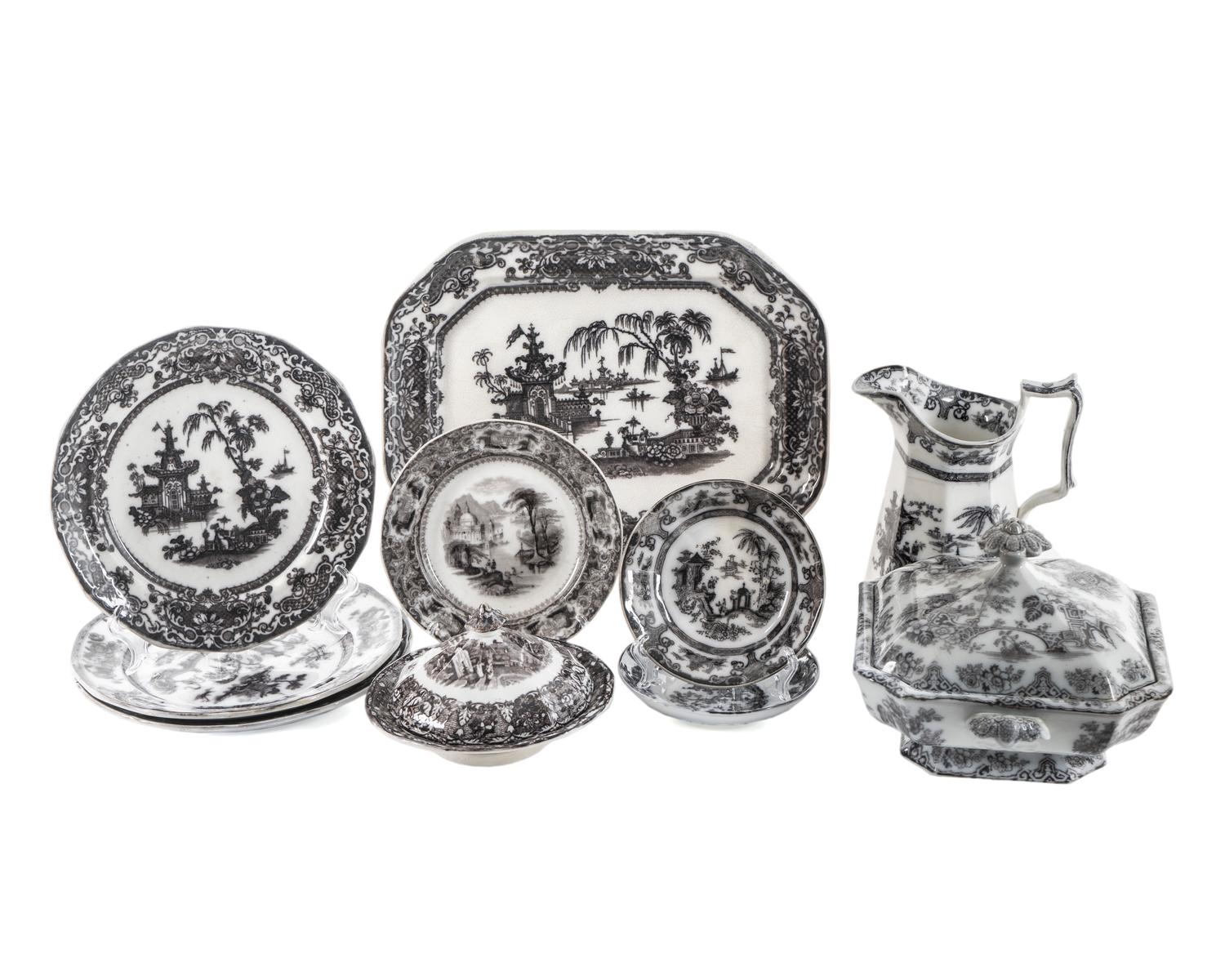 A Group of Black and White Ironstone Dinnerware