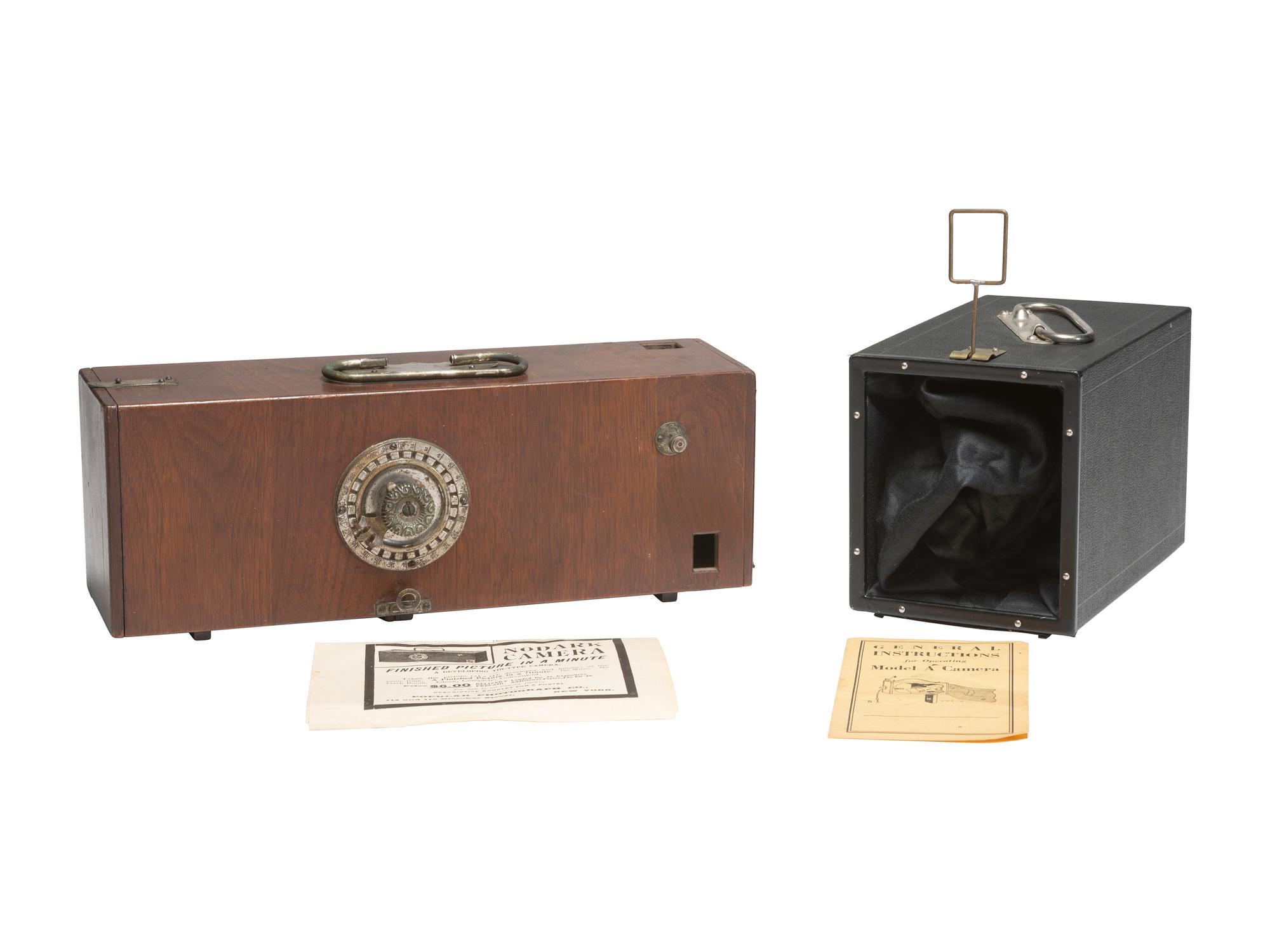 [CAMERAS] 2 tintype cameras, incl. Nodark wooden box camera and unique camera, with Model A Instant.