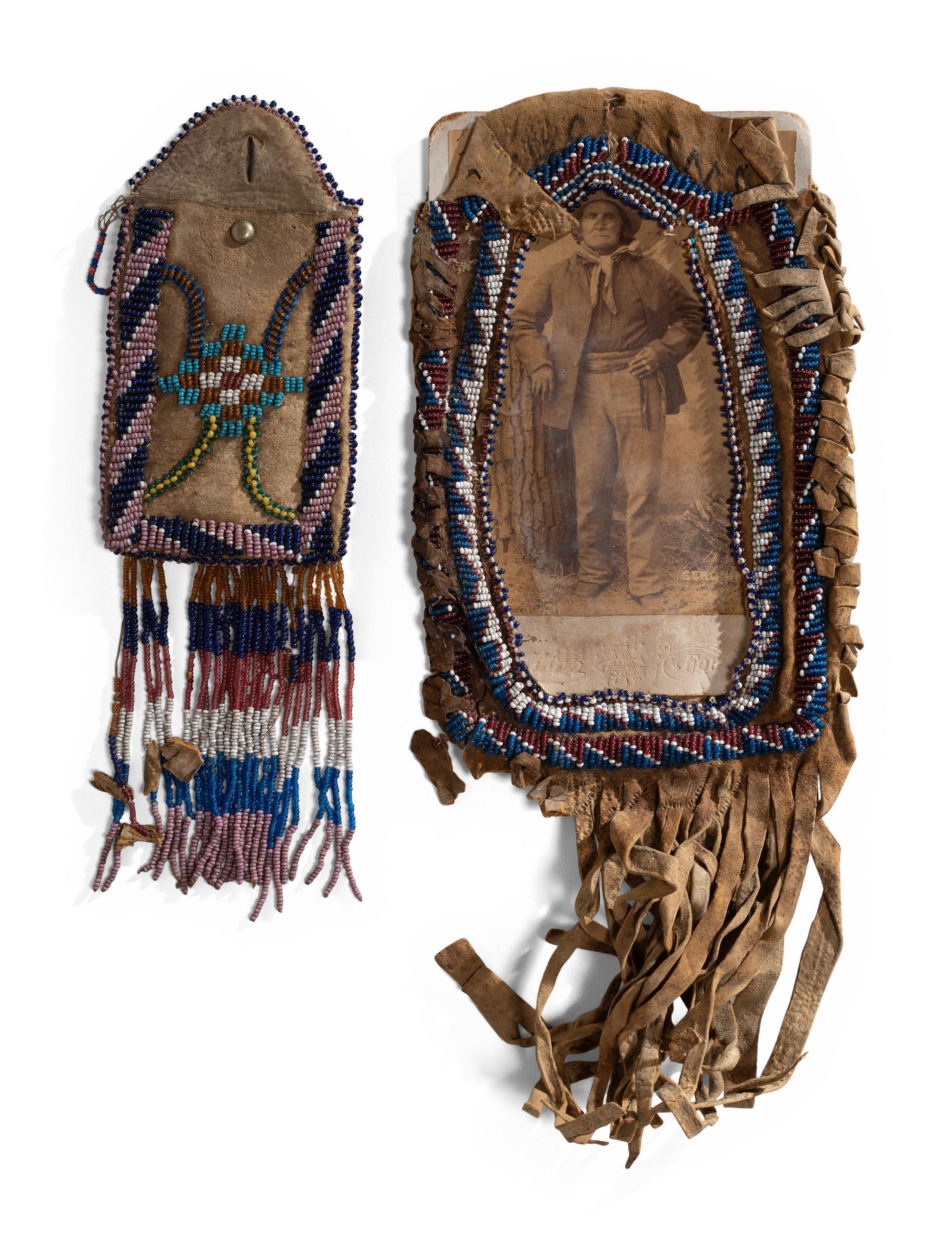 Apache Beaded Hide Pouch and Frame, Both Signed by Geronimo