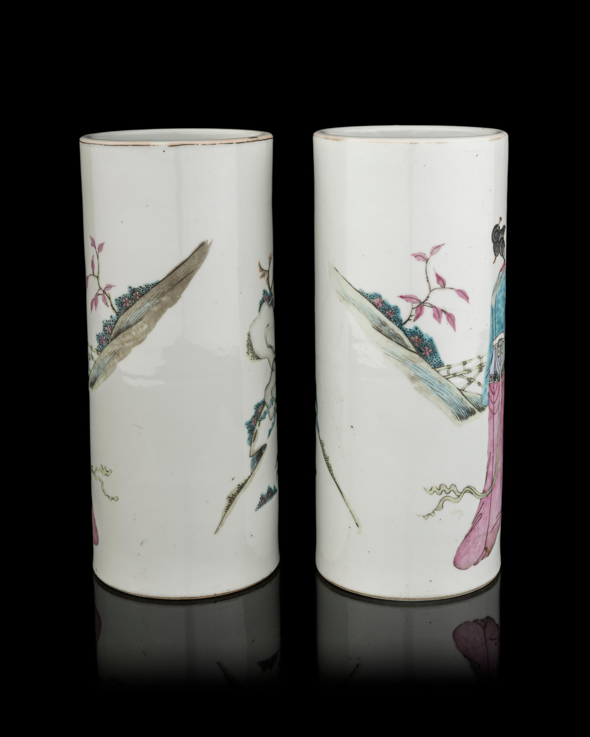 A Pair of Chinese Famille Rose Porcelain 'Magu' Hat Stands