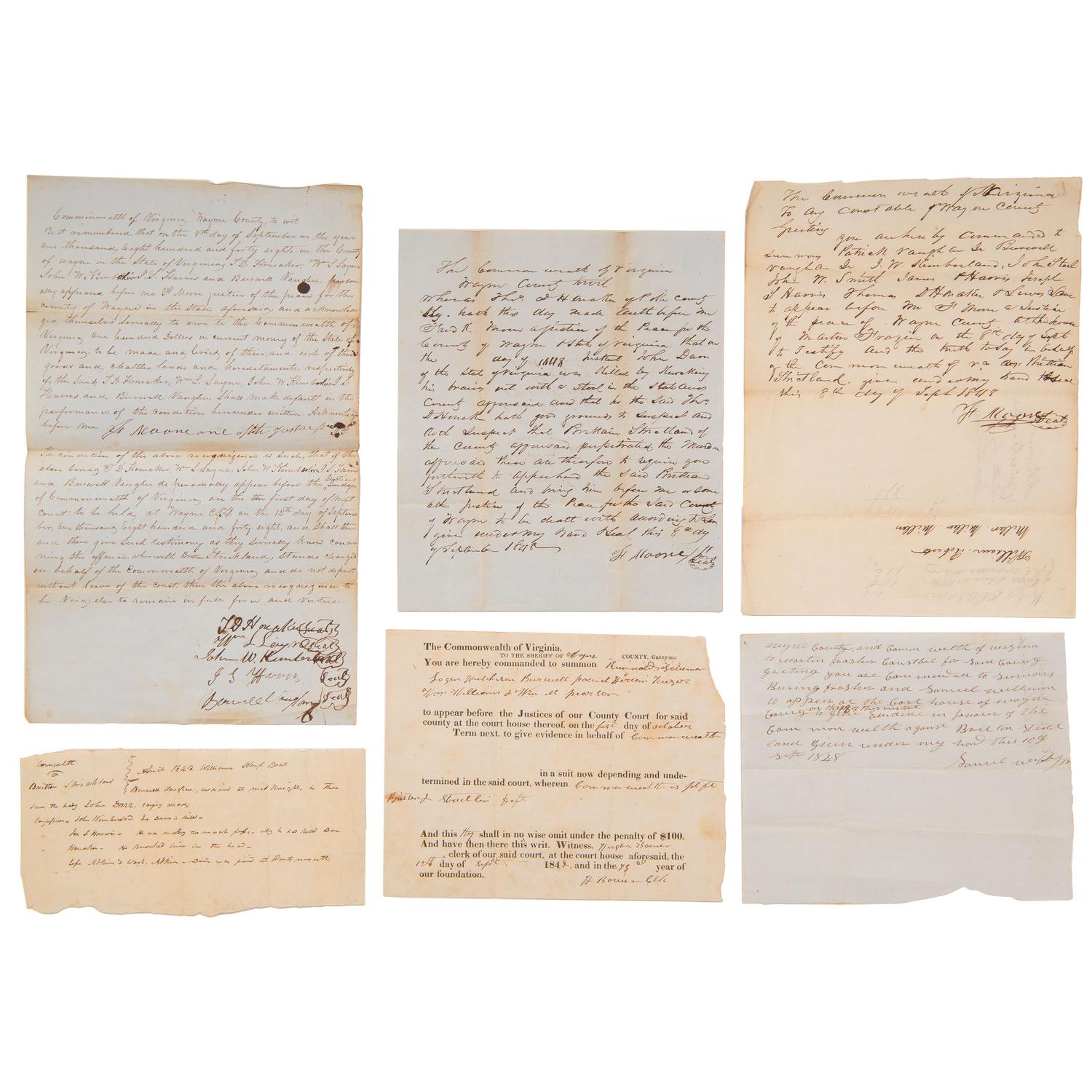 [GENERAL AMERICANA]. A group of 21 legal documents from Connecticut, Indiana, Pennsylvania, Virginia, and Oregon, ca late 18th to 19th century, including: