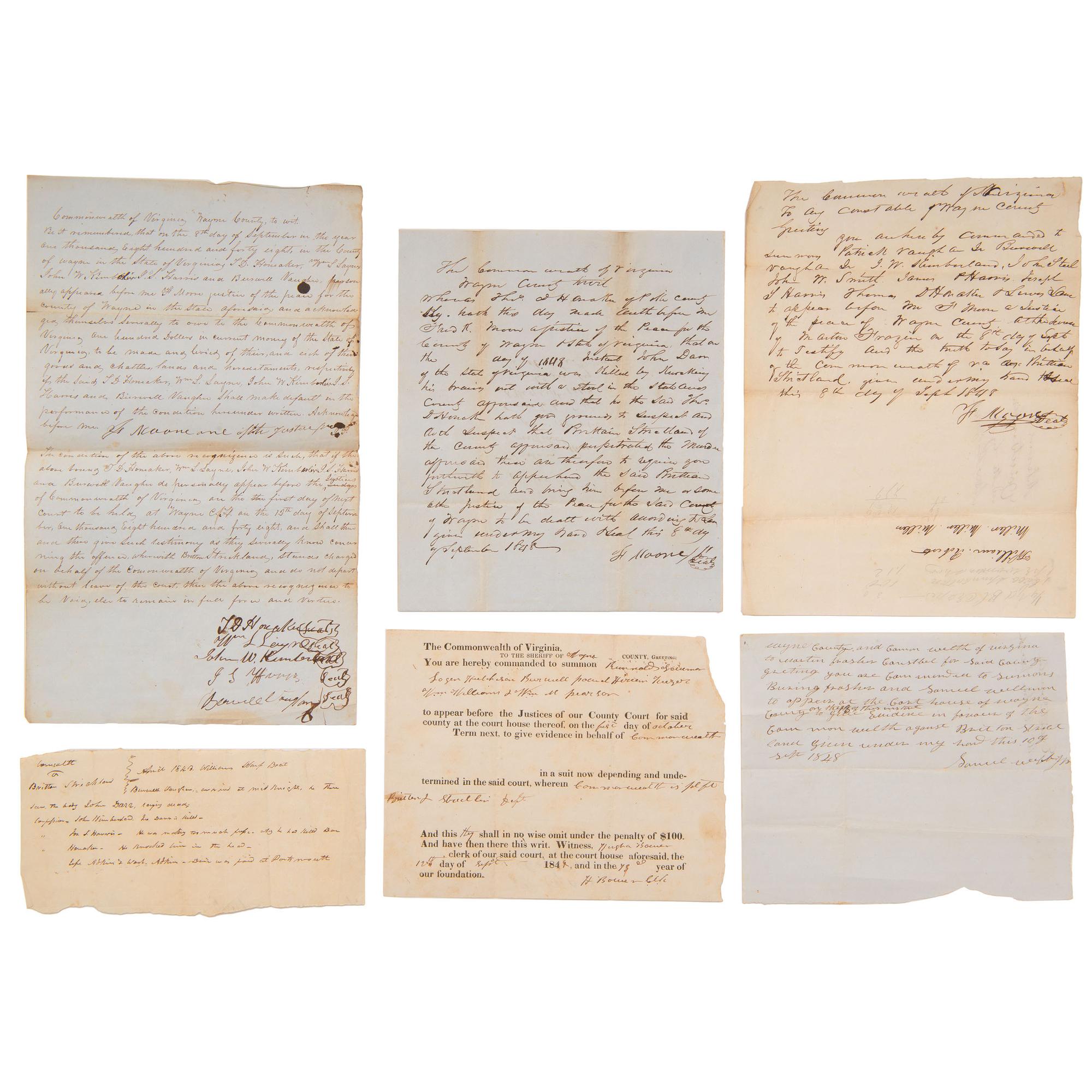 [GENERAL AMERICANA]. A group of 21 legal documents from Connecticut, Indiana, Pennsylvania, Virginia, and Oregon, ca late 18th to 19th century, including: