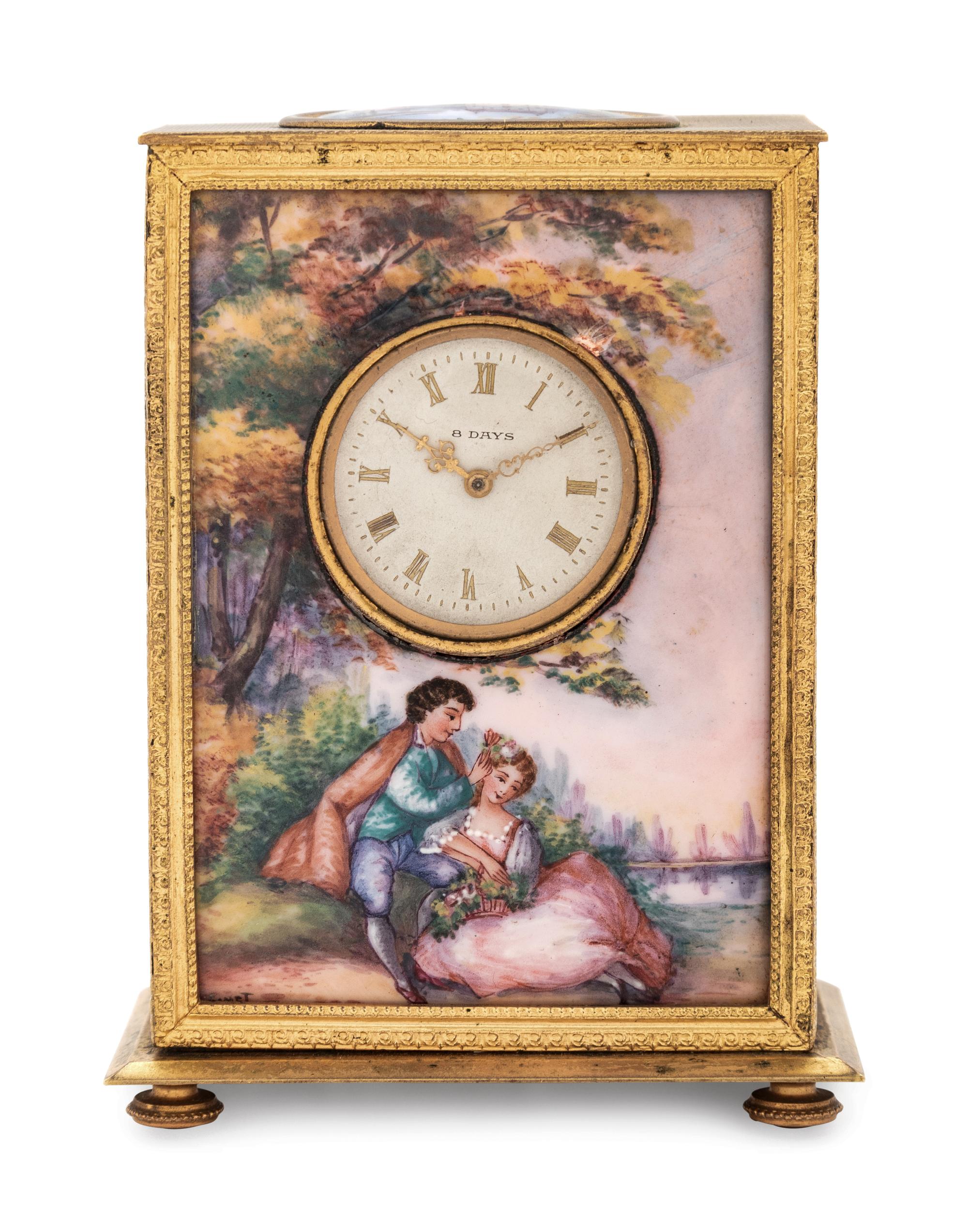 A Swiss Gilt Metal and Enamel Desk Clock