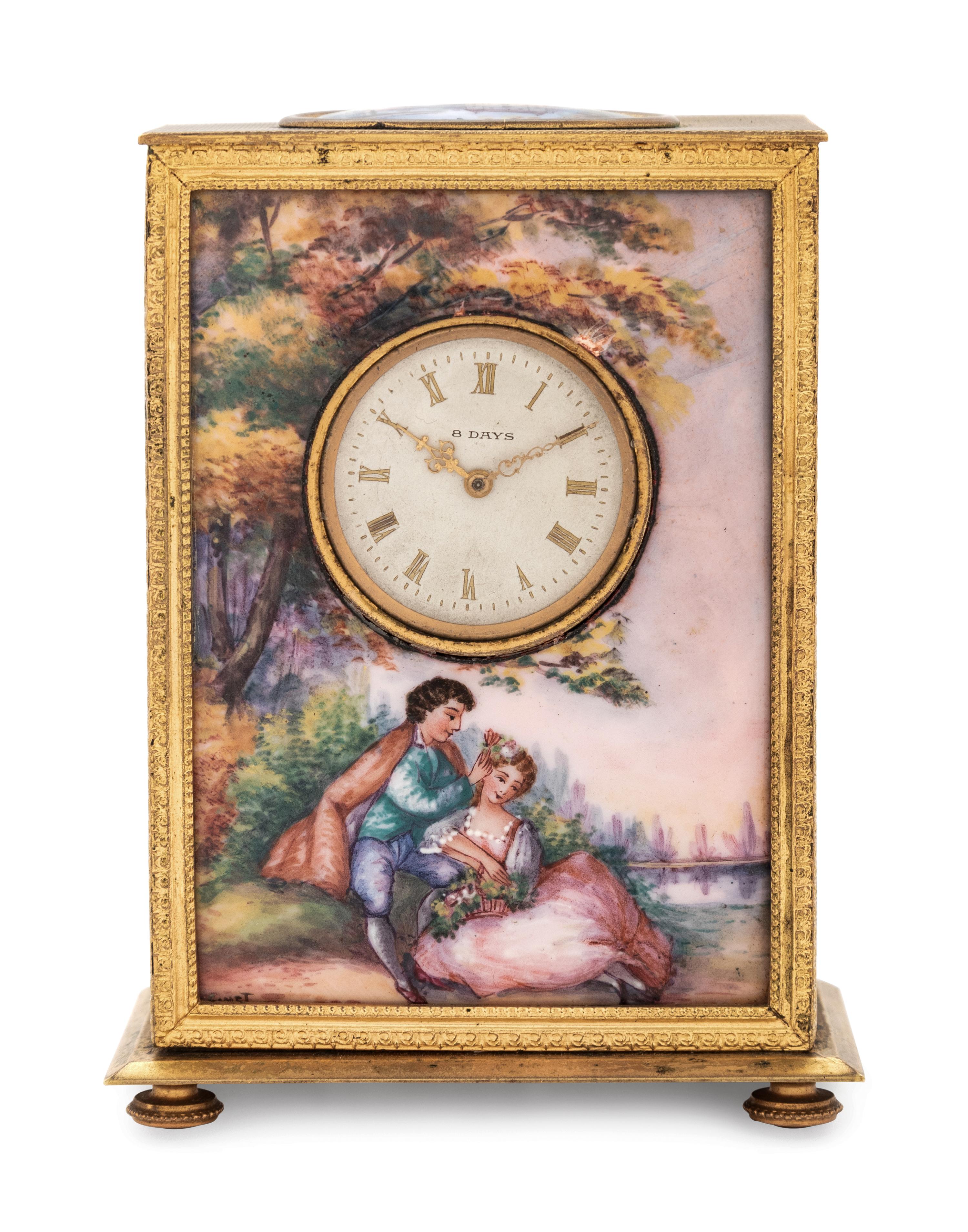 A Swiss Gilt Metal and Enamel Desk Clock