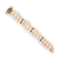 Cultured Pearl, Tourmaline, and Yellow Gold Bracelet