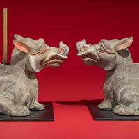 A Rare Chinese Painted Earthenware Chimera and Chimes Set, Qing and Bixie, Western Han Dynasty — 西漢 灰陶編磬一組連辟邪座