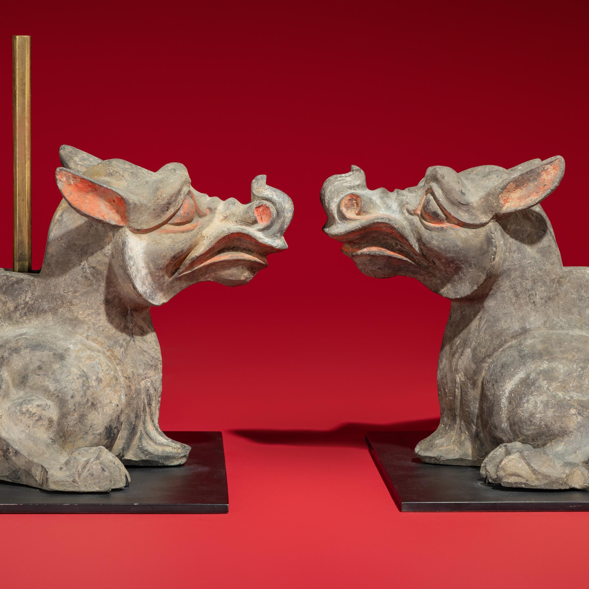 A Rare Chinese Painted Earthenware Chimera and Chimes Set, Qing and Bixie, Western Han Dynasty — 西漢 灰陶編磬一組連辟邪座