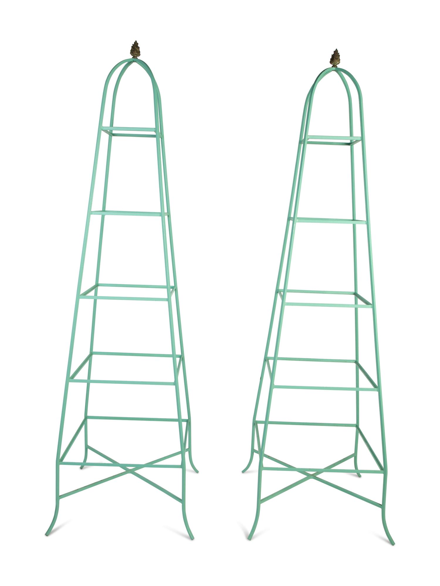 A Pair of Obelisk Form Painted Metal Five-Shelf Etageres — 20TH CENTURY