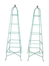 A Pair of Obelisk Form Painted Metal Five-Shelf Etageres — 20TH CENTURY