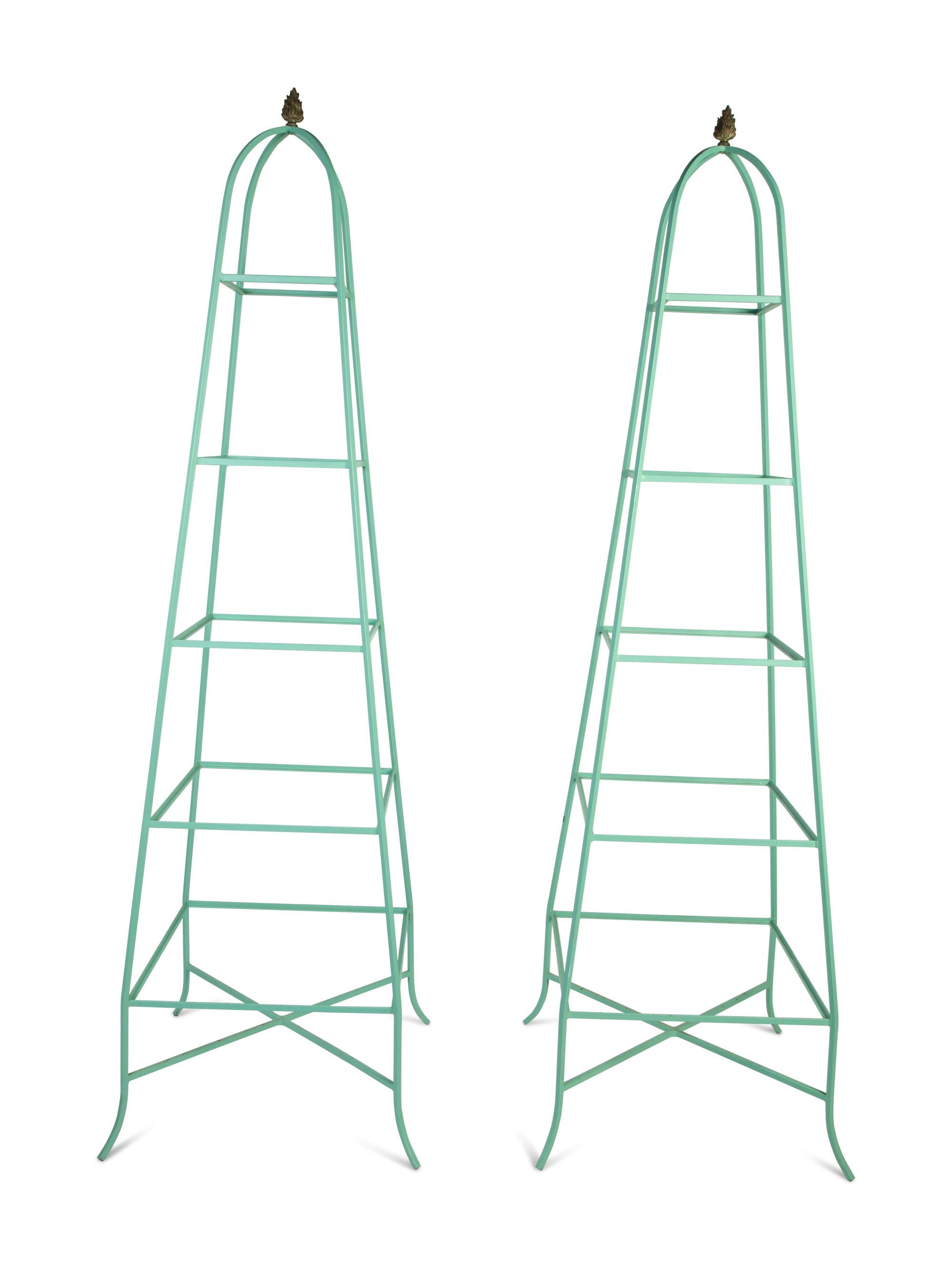 A Pair of Obelisk Form Painted Metal Five-Shelf Etageres — 20TH CENTURY