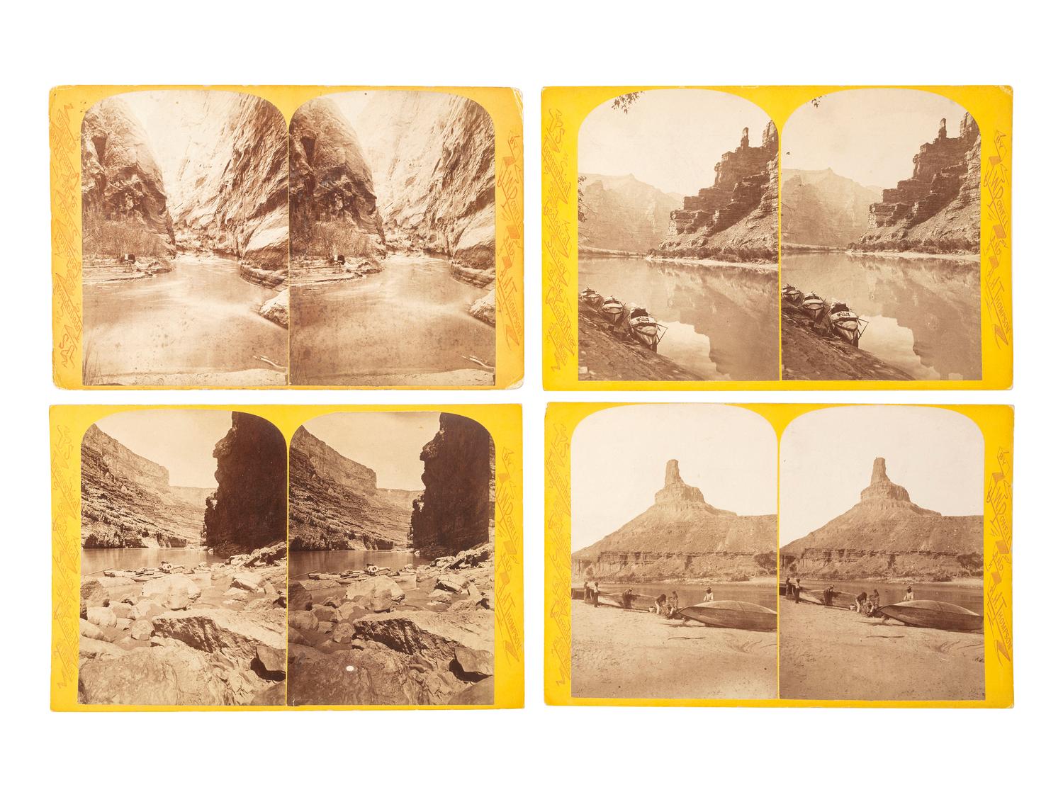 [WESTERN AMERICANA]. HILLERS, John K., FENNIMORE, J., and BEAMAN, E.O., photographers. A group of 10 Powell Expedition stereoviews, featuring images of crew members, boats, and the photographer's dark tent.