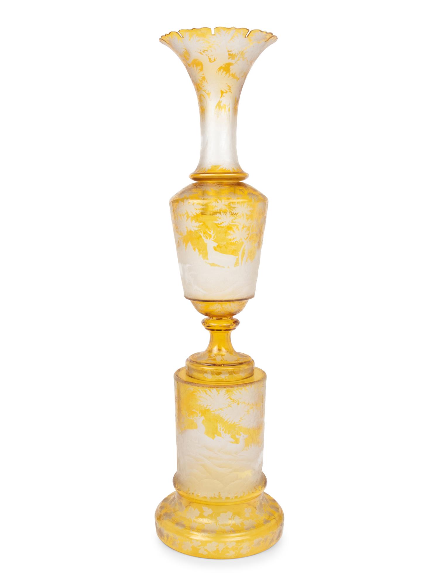 A Large Czech Amber Cut-to-Clear Glass Vase and Stand