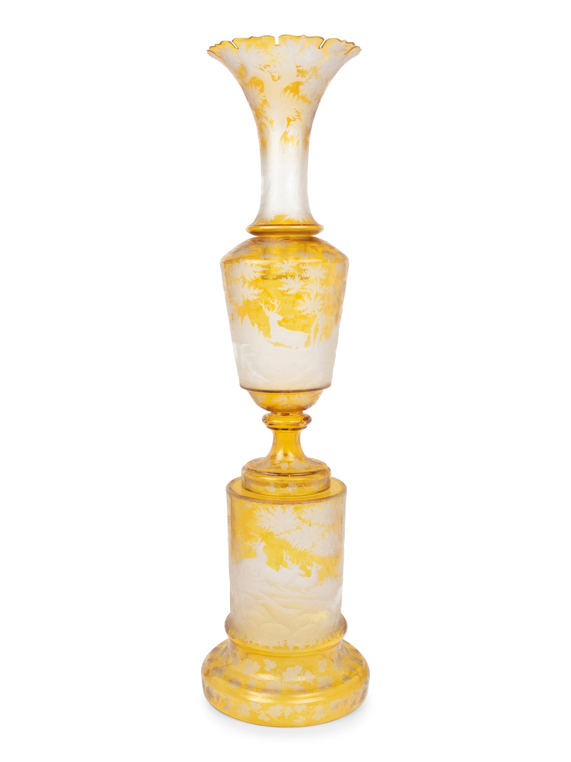 A Large Czech Amber Cut-to-Clear Glass Vase and Stand