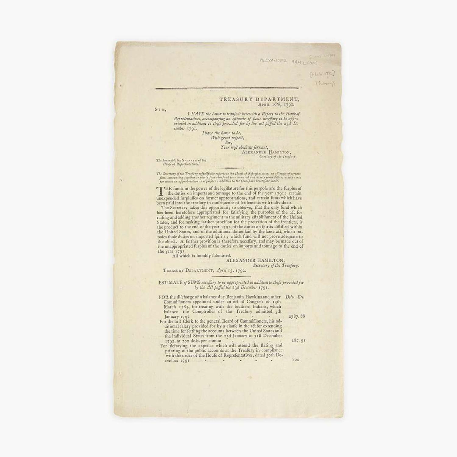 [Hamilton, Alexander] [Treasury Department] Treasury Department, April 16th, 1792...