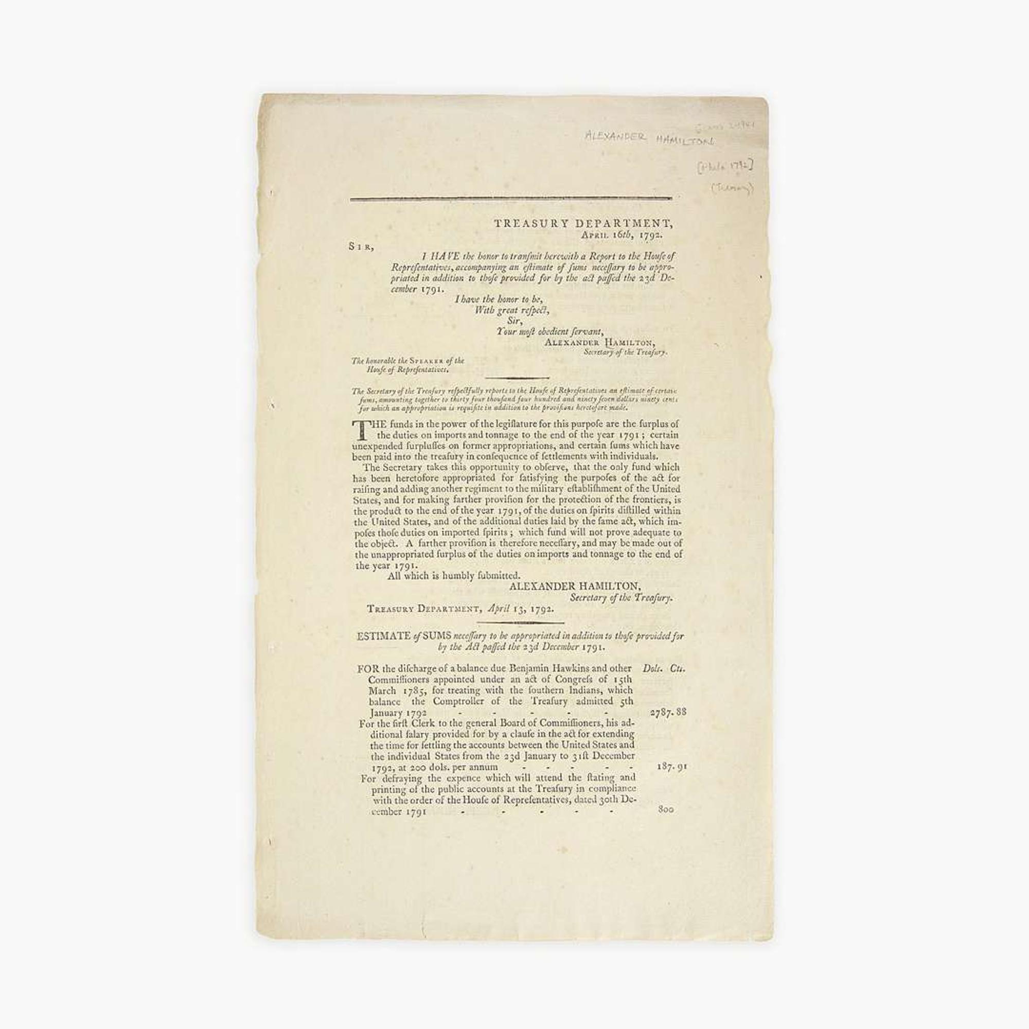 [Hamilton, Alexander] [Treasury Department] Treasury Department, April 16th, 1792...