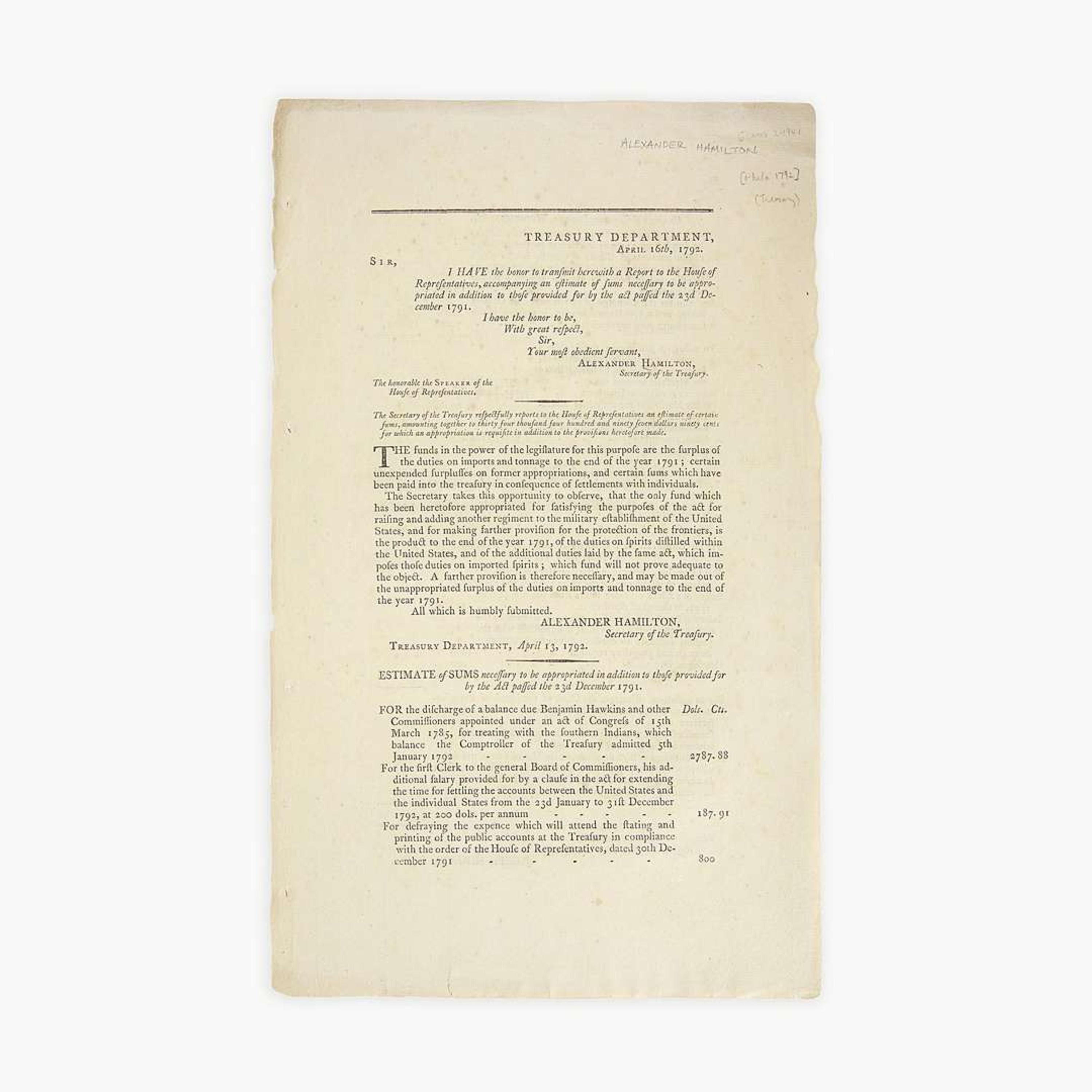 [Hamilton, Alexander] [Treasury Department] Treasury Department, April 16th, 1792...