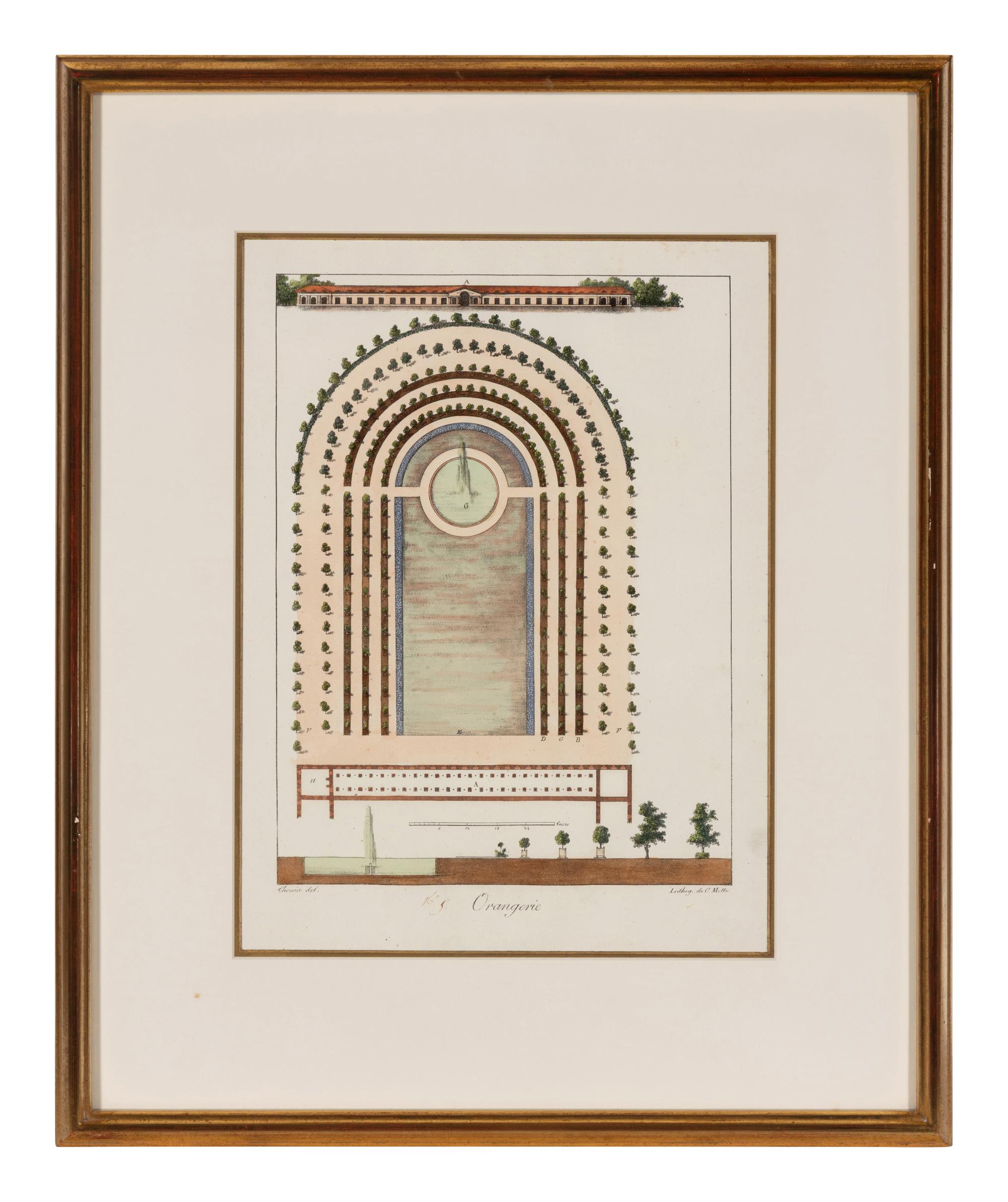 A Set of Three Hand Colored Lithographs of Garden Designs