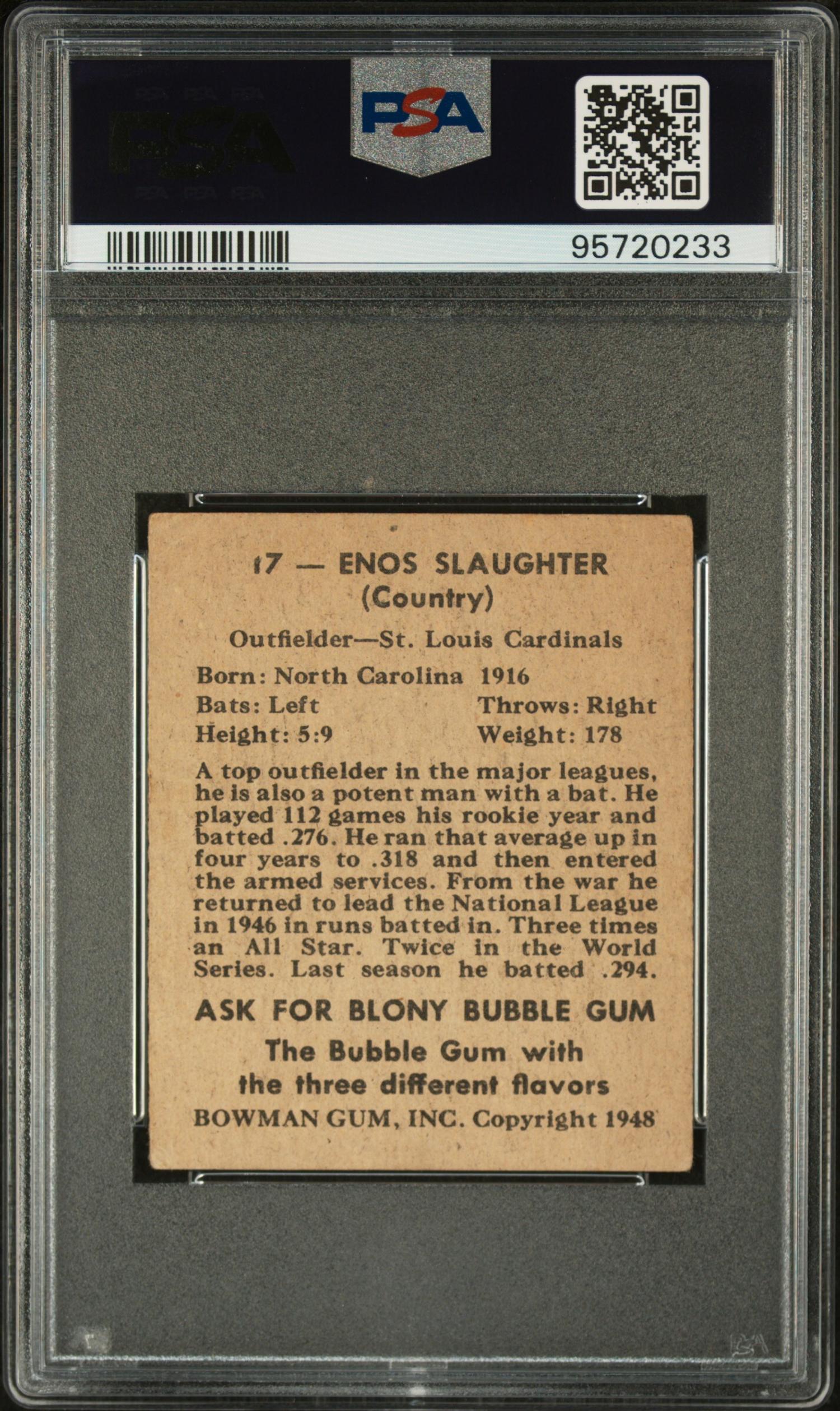 A 1948 Bowman Enos Slaughter Rookie Baseball Card No. 17 (PSA 3 VG)