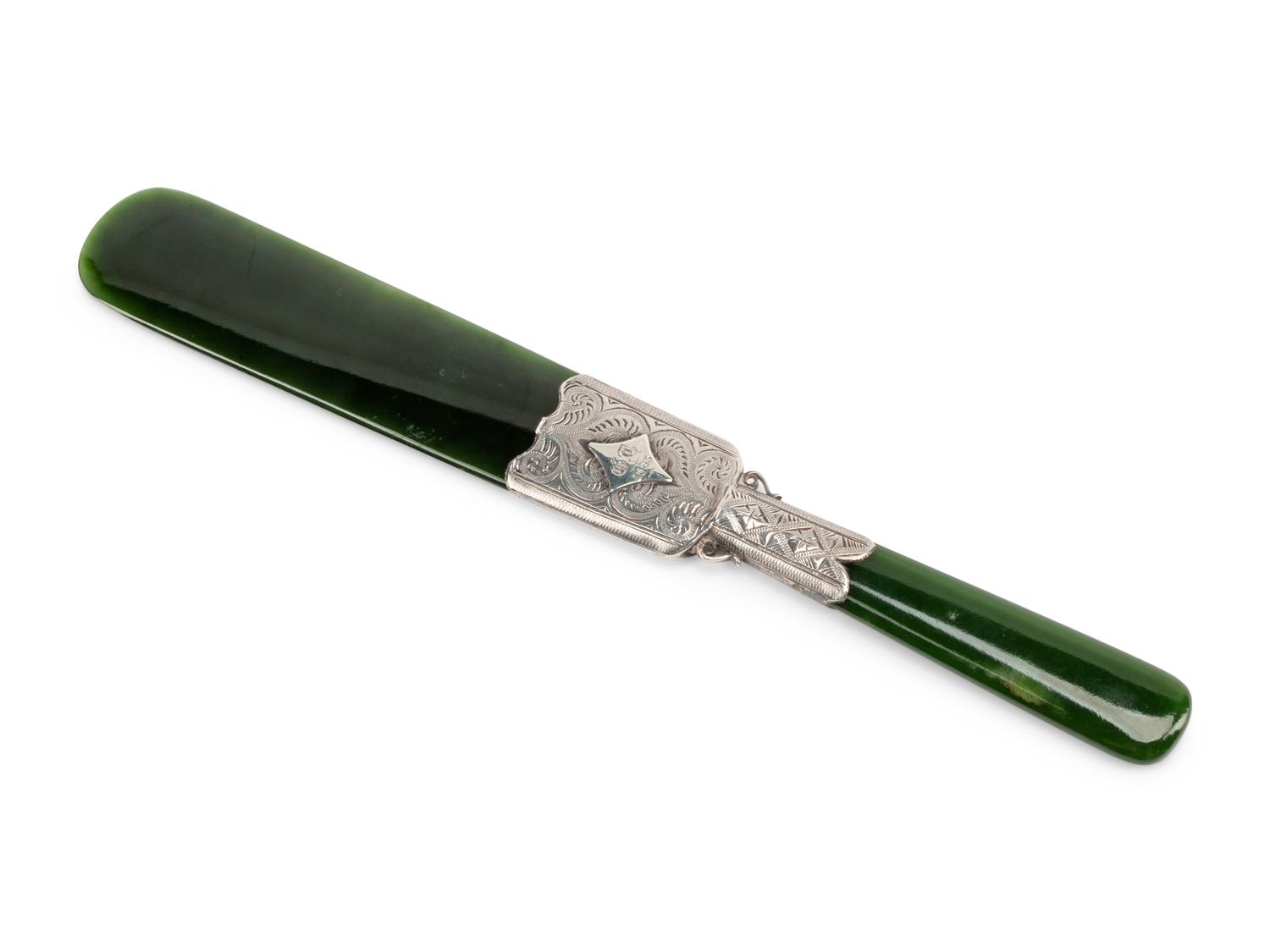 A Silver Mounted Spinach Jade Paper Knife